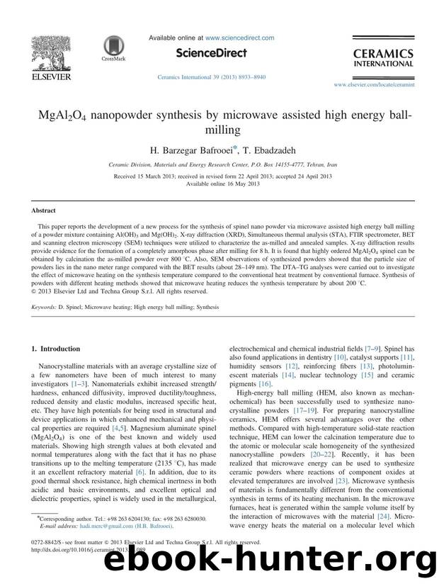 MgAl2O4 nanopowder synthesis by microwave assisted high energy ball-milling by H. Barzegar Bafrooei & T. Ebadzadeh