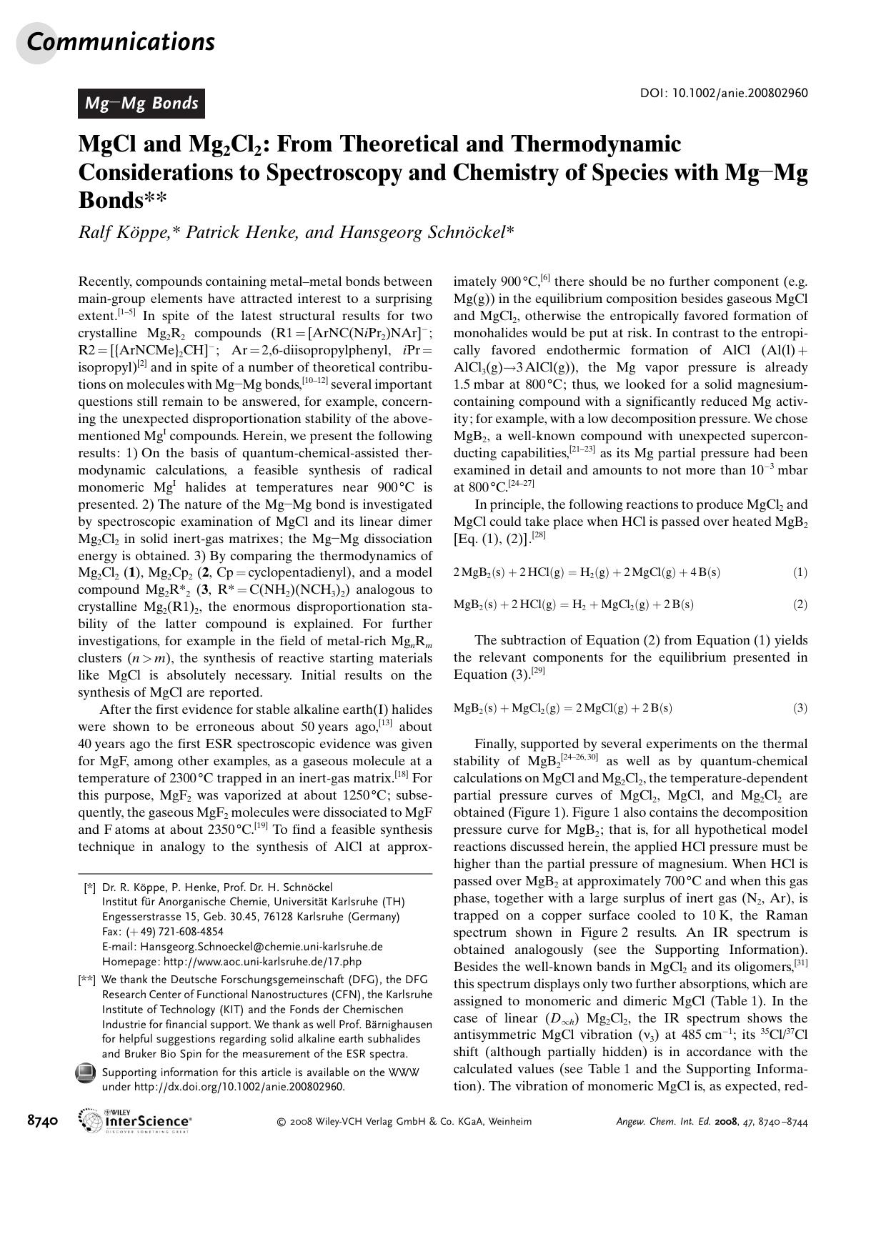 MgCl and Mg2Cl2: From Theoretical and Thermodynamic Considerations to Spectroscopy and Chemistry of Species with Mg[bond]Mg Bonds by Unknown