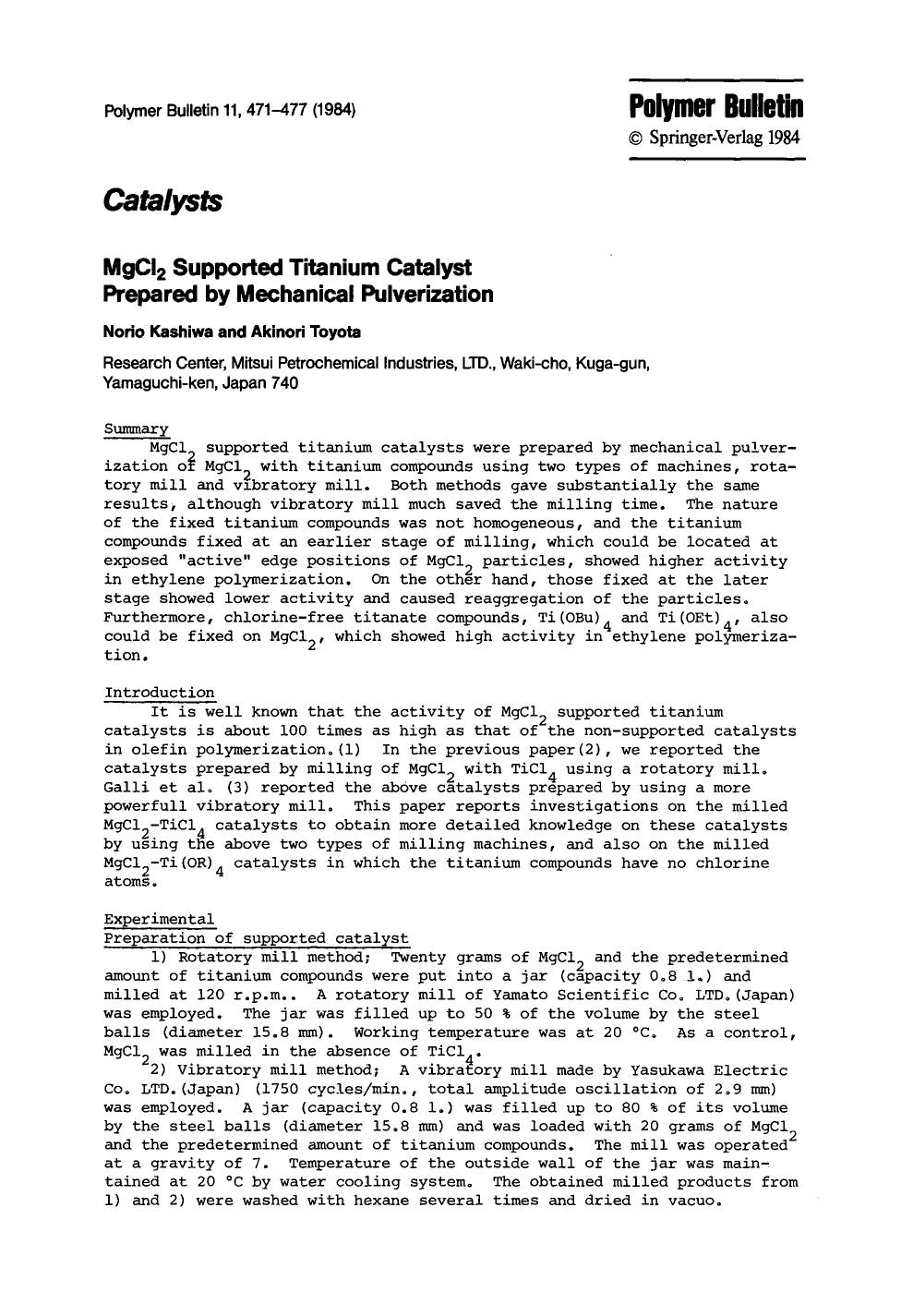 MgCl<Subscript>2<Subscript> supported titanium catalyst prepared by mechanical pulverization by Unknown