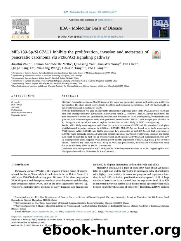 MiR-139-5pSLC7A11 inhibits the proliferation, invasion and metastasis of pancreatic carcinoma via PI3KAkt signaling pathway by unknow