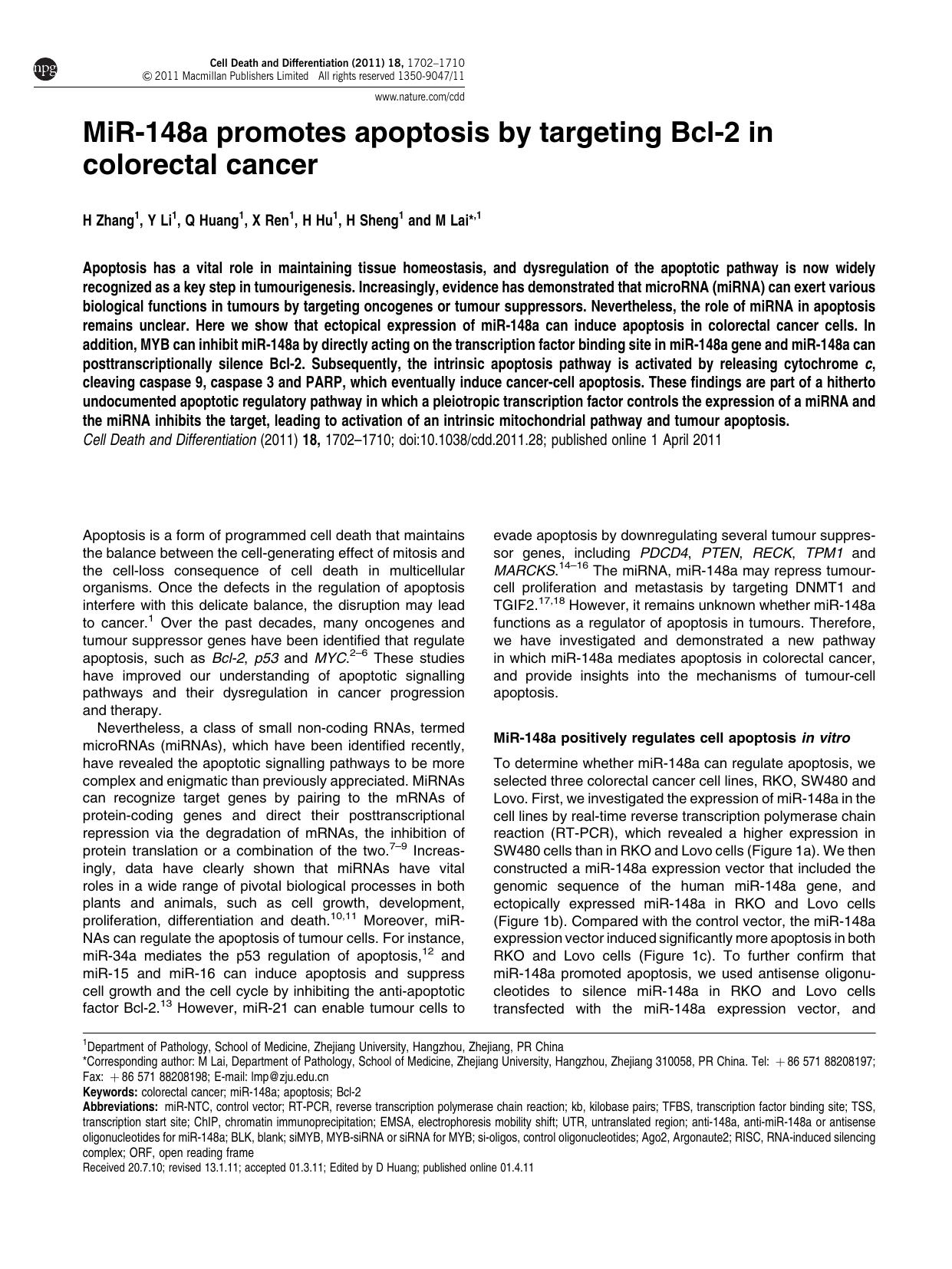 MiR-148a promotes apoptosis by targeting Bcl-2 in colorectal cancer by H Zhang & Y Li & Q Huang & X Ren & H Hu & H Sheng & M Lai