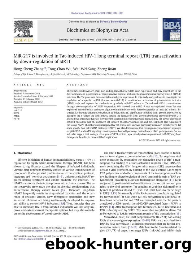 MiR-217 is involved in Tat-induced HIV-1 long terminal repeat (LTR) transactivation by down-regulation of SIRT1 by Hong-Sheng Zhang & Tong-Chao Wu & Wei-Wei Sang & Zheng Ruan
