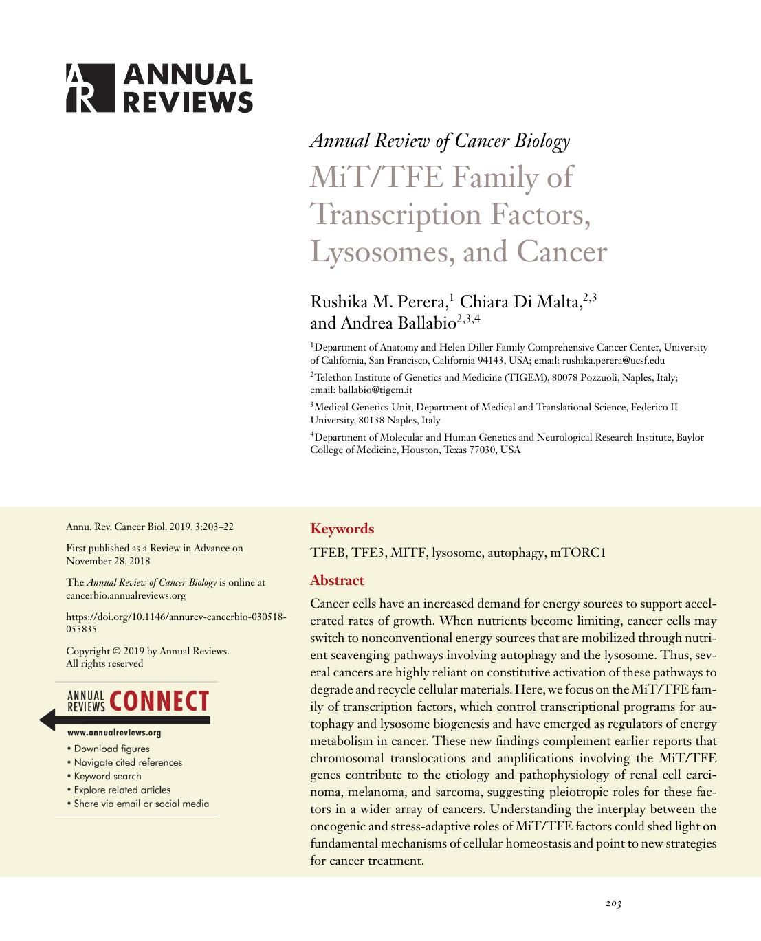 MiTTFE Family of Transcription Factors, Lysosomes, and Cancer by Rushika M. Perera Chiara Di Malta and Andrea Ballabio