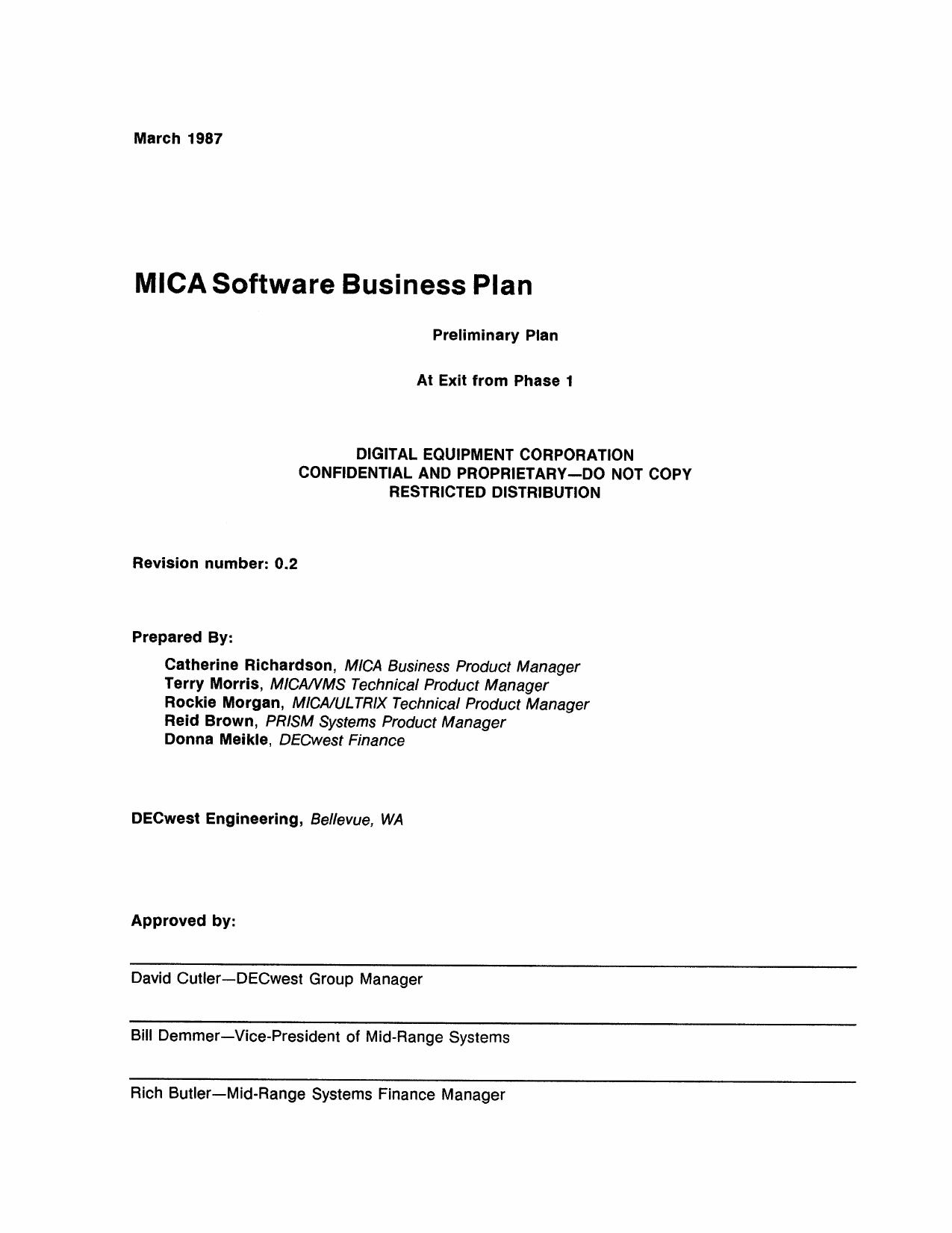 Mica Software Business Plan Mar87 by Unknown
