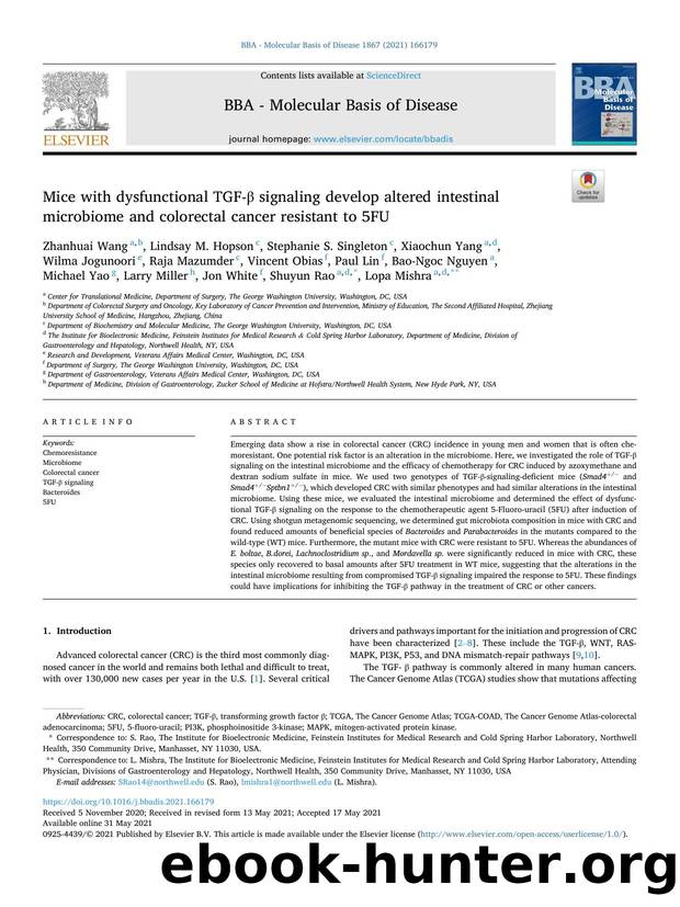 Mice with dysfunctional TGF-Î² signaling develop altered intestinal microbiome and colorectal cancer resistant to 5FU by unknow