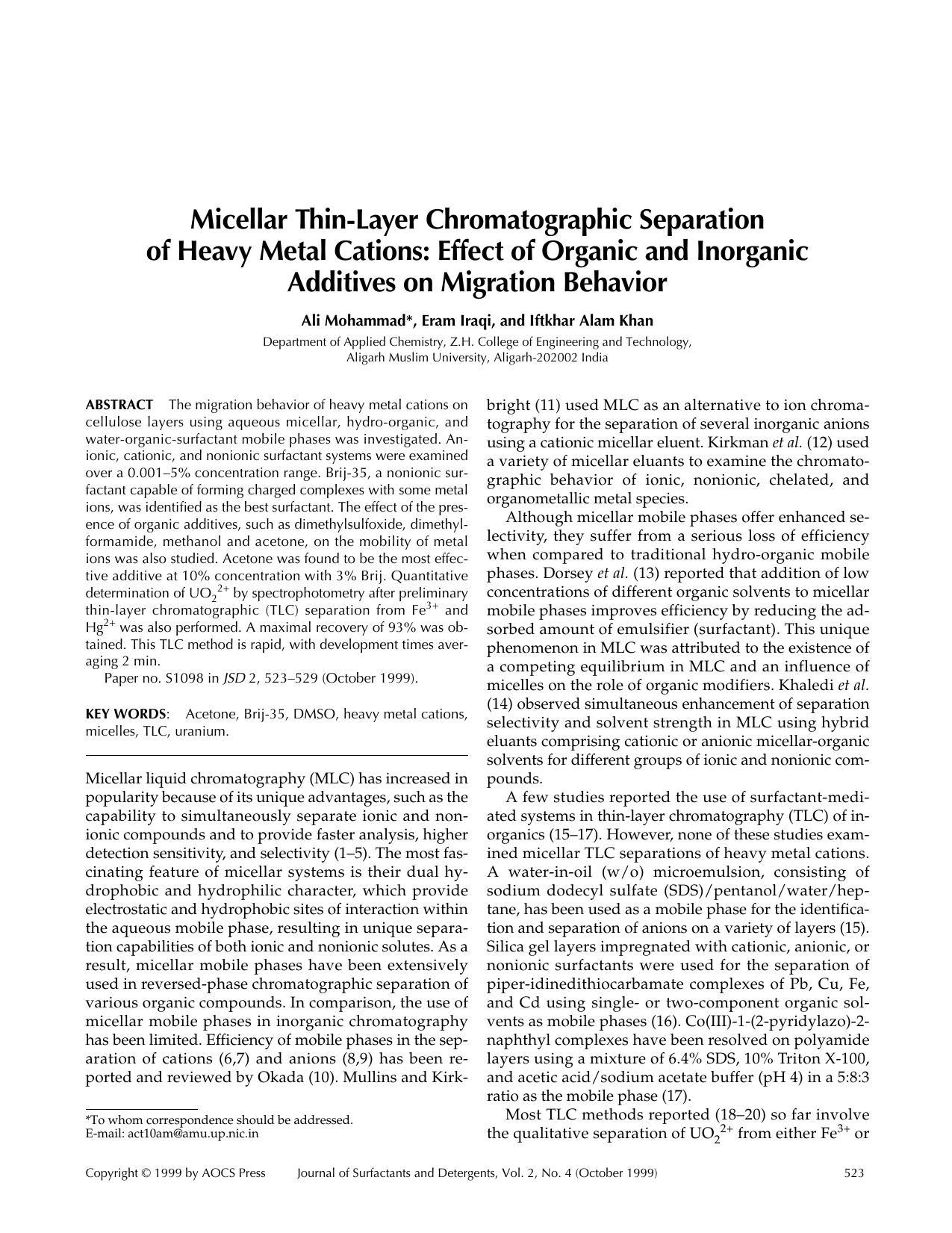 Micellar thin-layer chromatographic separation of heavy metal cations: Effect of organic and inorganic additives on migration behavior by Unknown