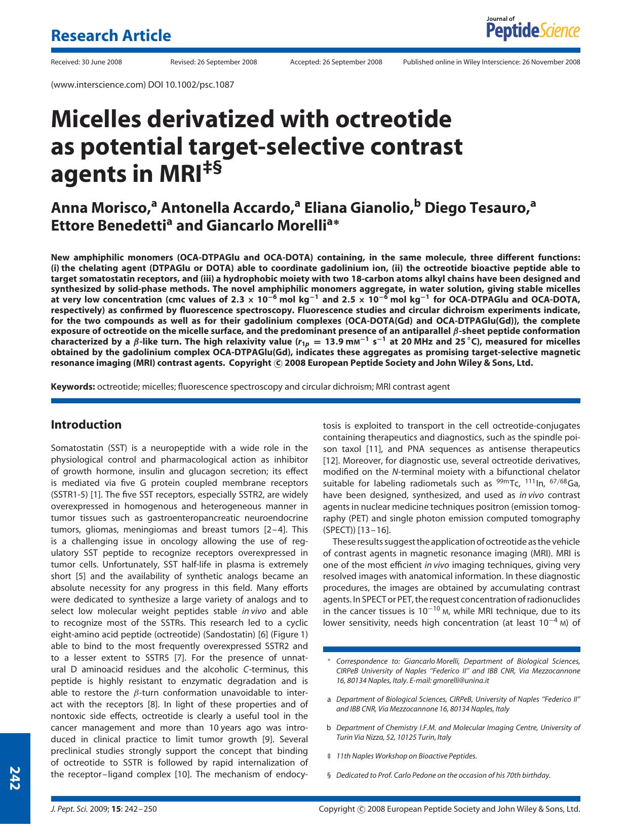 Micelles derivatized with octreotide as potential target-selective contrast agents in MRI by Unknown
