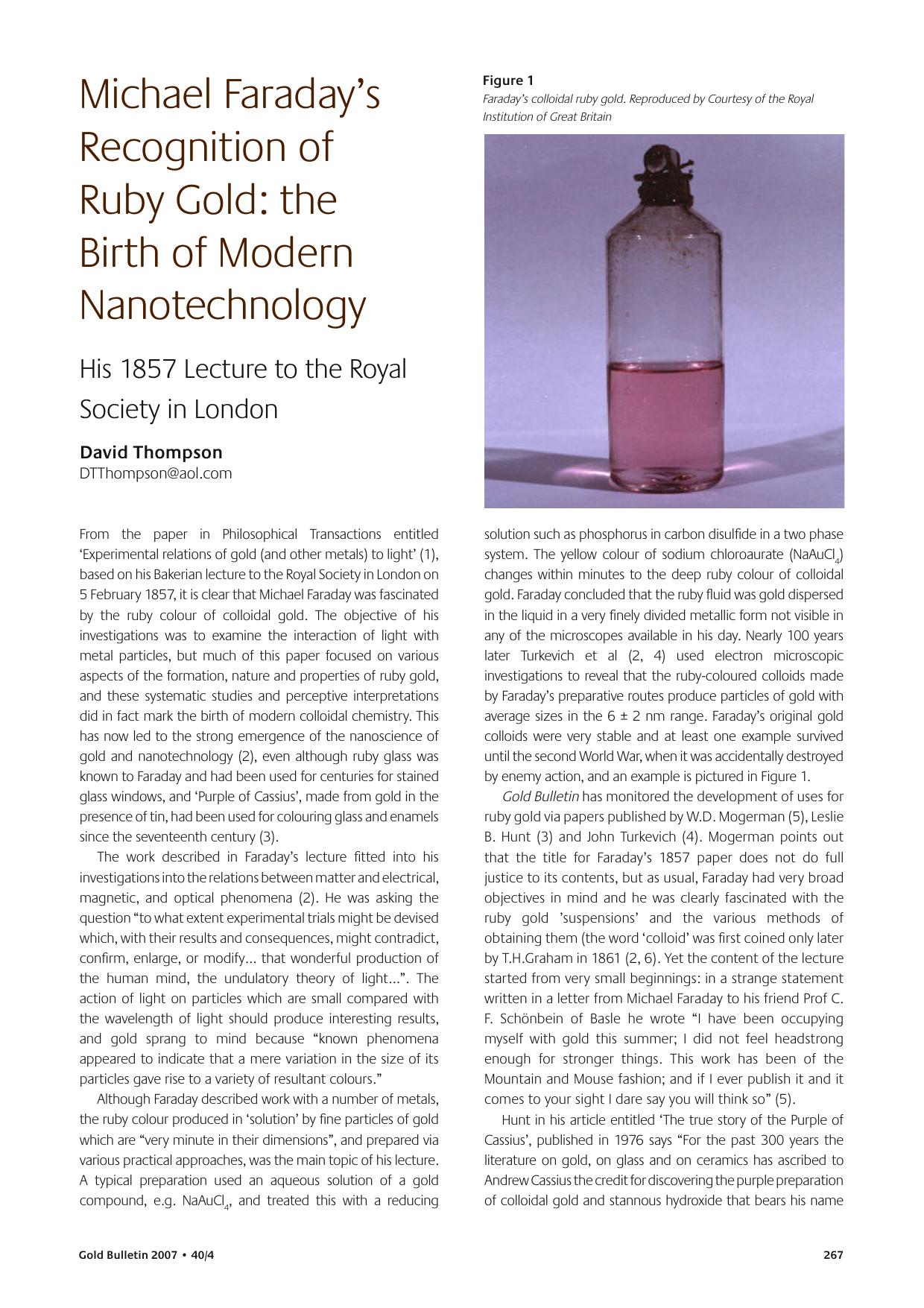 Michael Faraday's recognition of ruby gold: the birth of modern nanotechnology by Unknown
