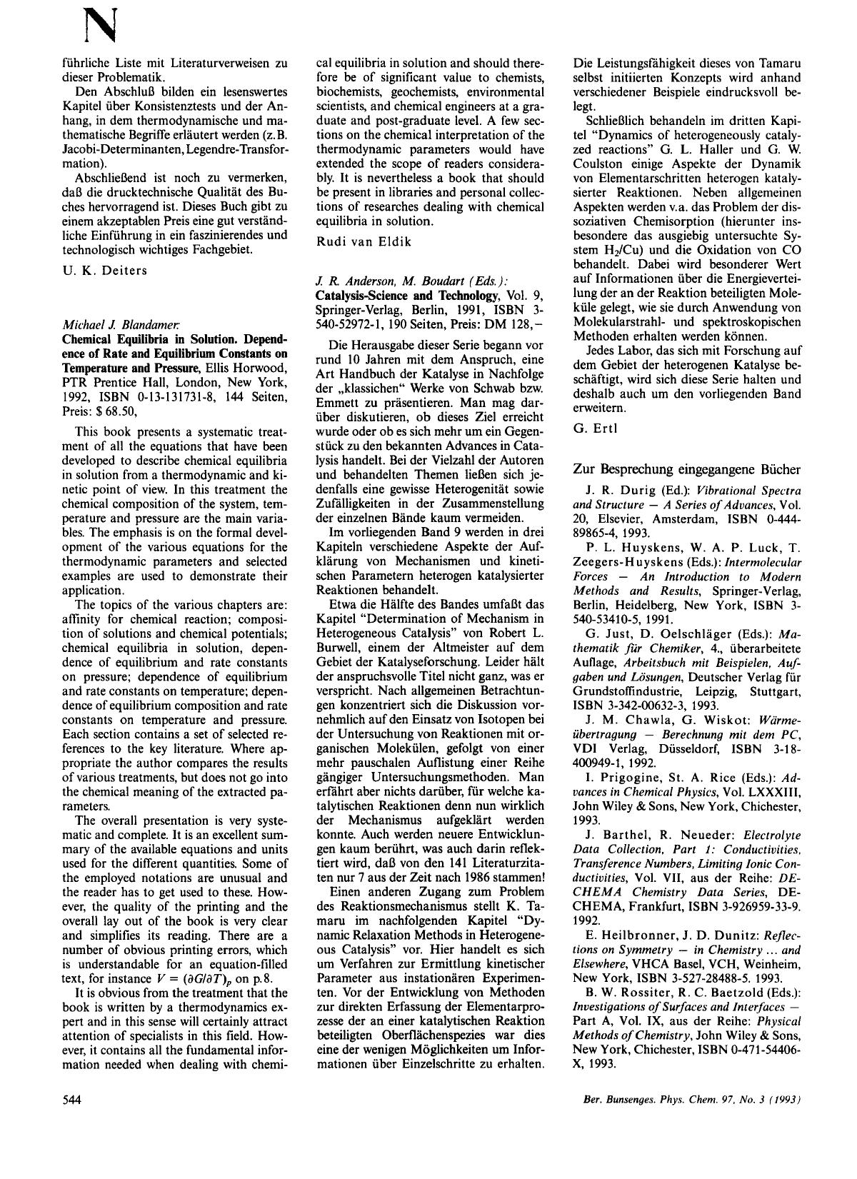 Michael J. Blandamer: Chemical Equilibria in Solution. Dependence of Rate and Equilibrium Constants on Temperature and Pressure, Ellis Horwood, PTR Prentice Hall, London, New York, by Unknown