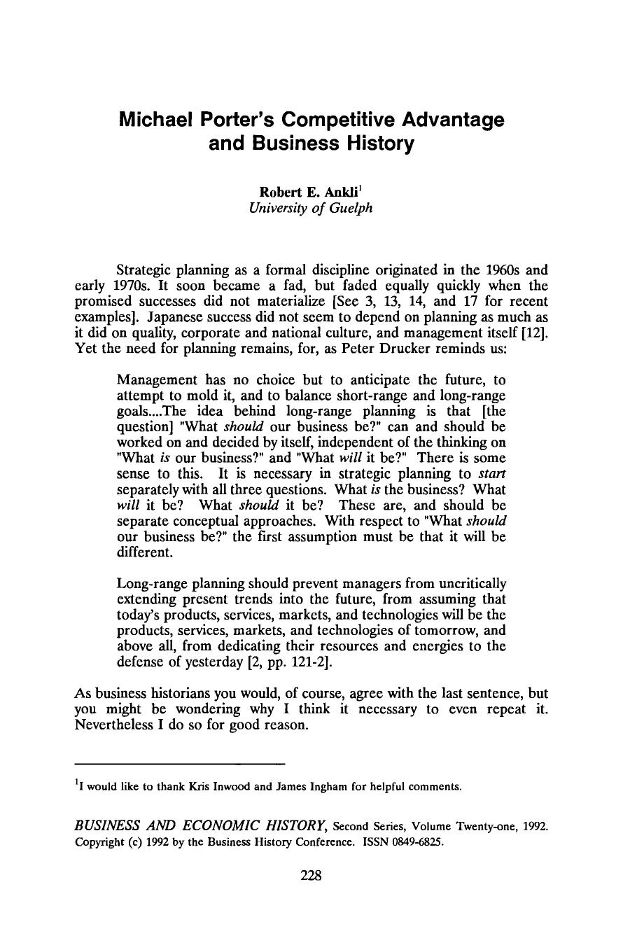 Michael Porter's Competitive Advantage and Business History by Robert E. Ankli