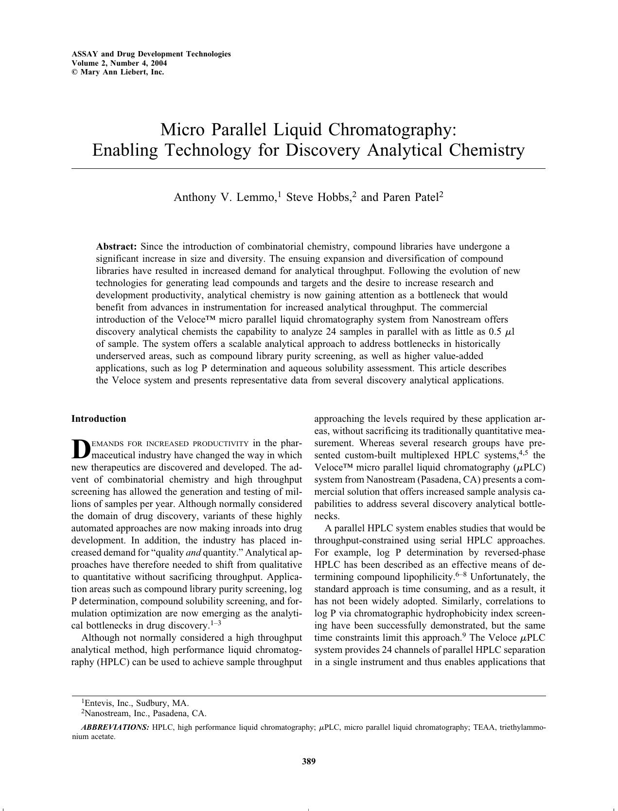 Micro Parallel Liquid Chromatography: Enabling Technology for Discovery Analytical Chemistry by Anthony V. Lemmo Steve Hobbs Paren Patel