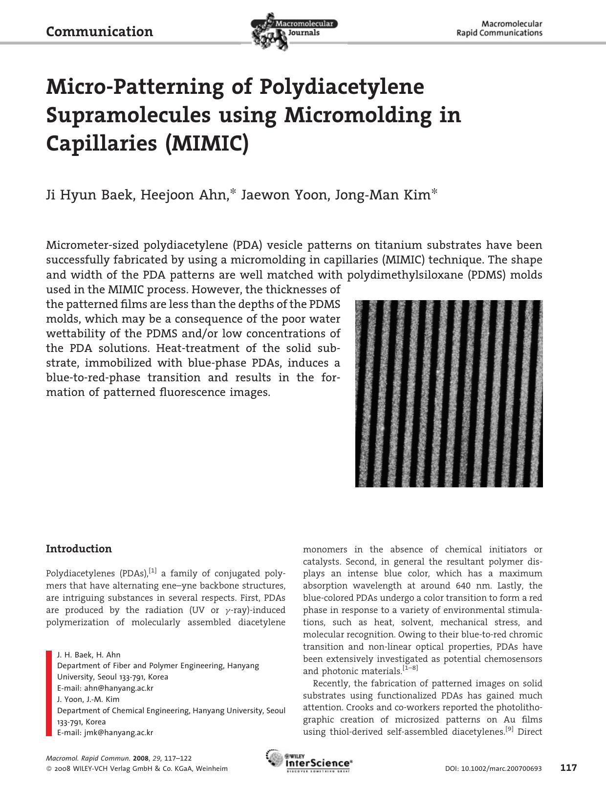 Micro-Patterning of Polydiacetylene Supramolecules using Micromolding in Capillaries (MIMIC) by Unknown