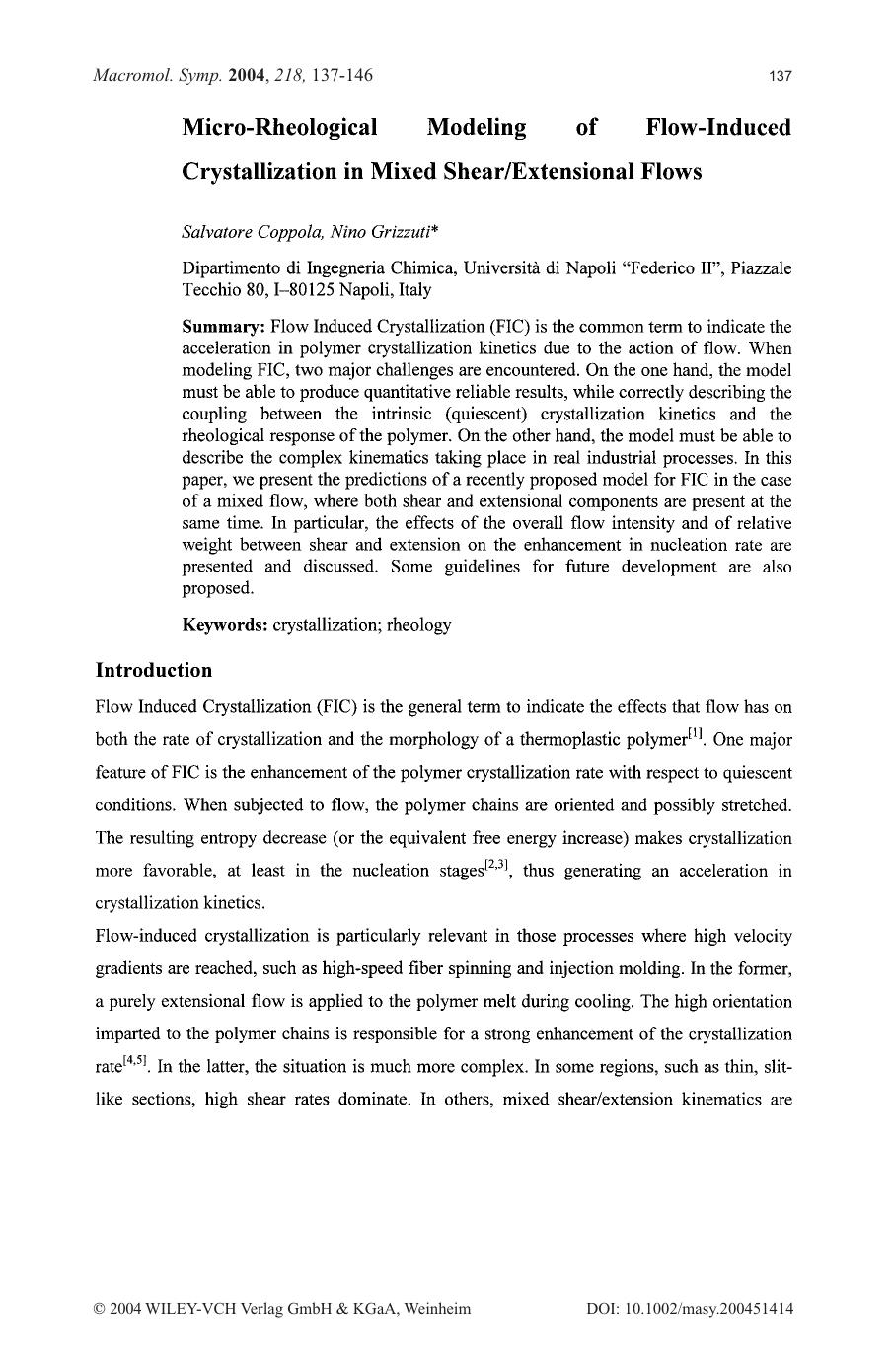 Micro-Rheological Modeling of Flow-Induced Crystallization in Mixed ShearExtensional Flows by Unknown