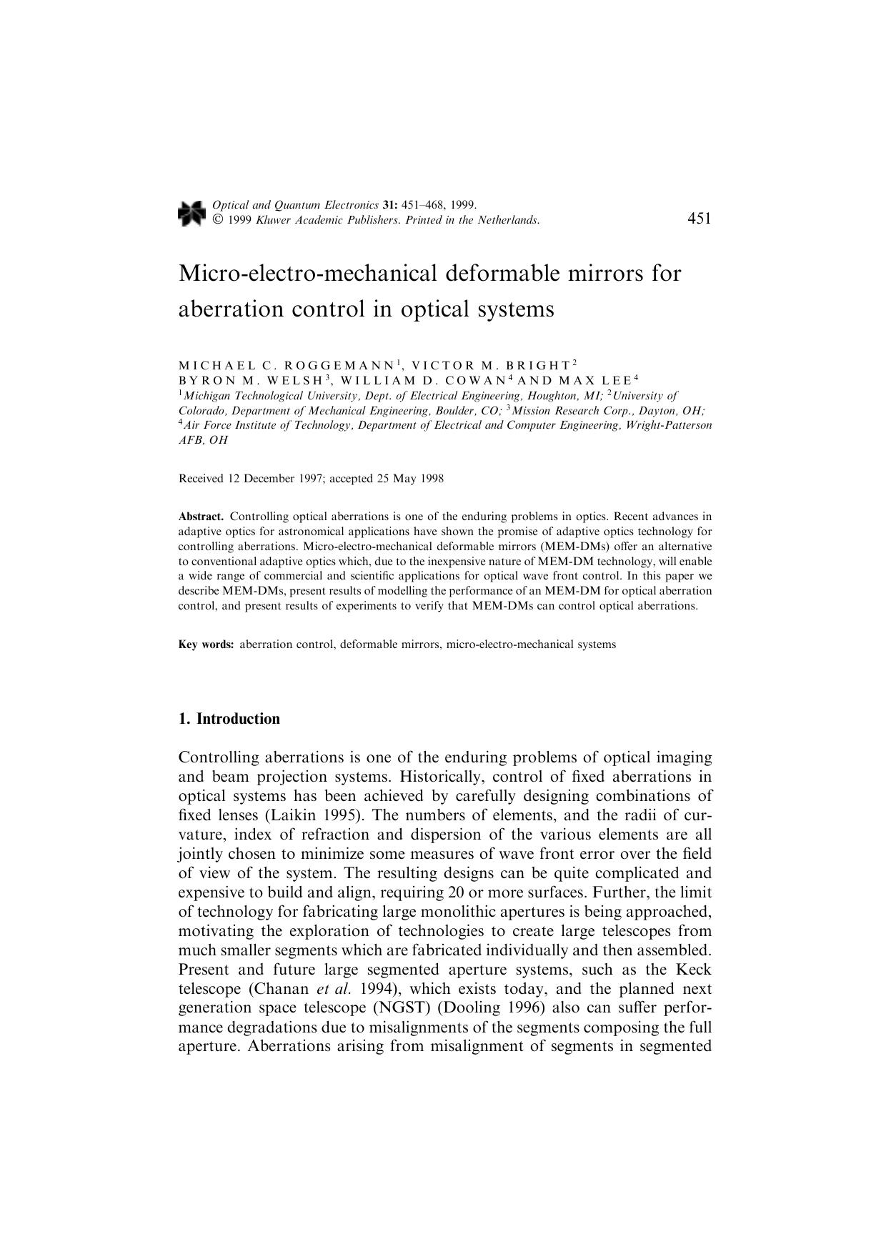 Micro-electro-mechanical deformable mirrors for aberration control in optical systems by Unknown
