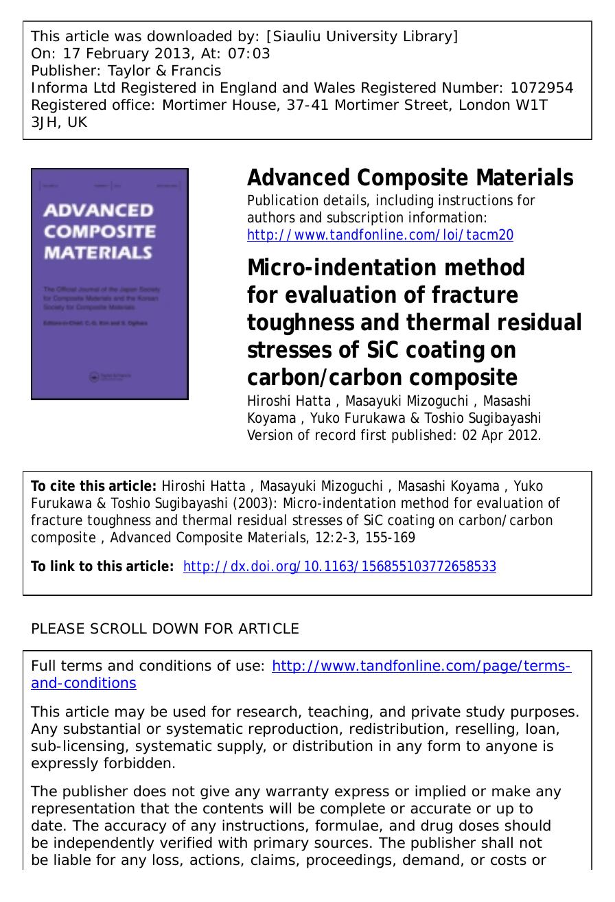 Micro-indentation method for evaluation of fracture toughness and thermal residual stresses of SiC coating on carboncarbon composite by Hiroshi Hatta Masayuki Mizoguchi Masashi Koyama Yuko Furukawa & Toshio Sugibayashi