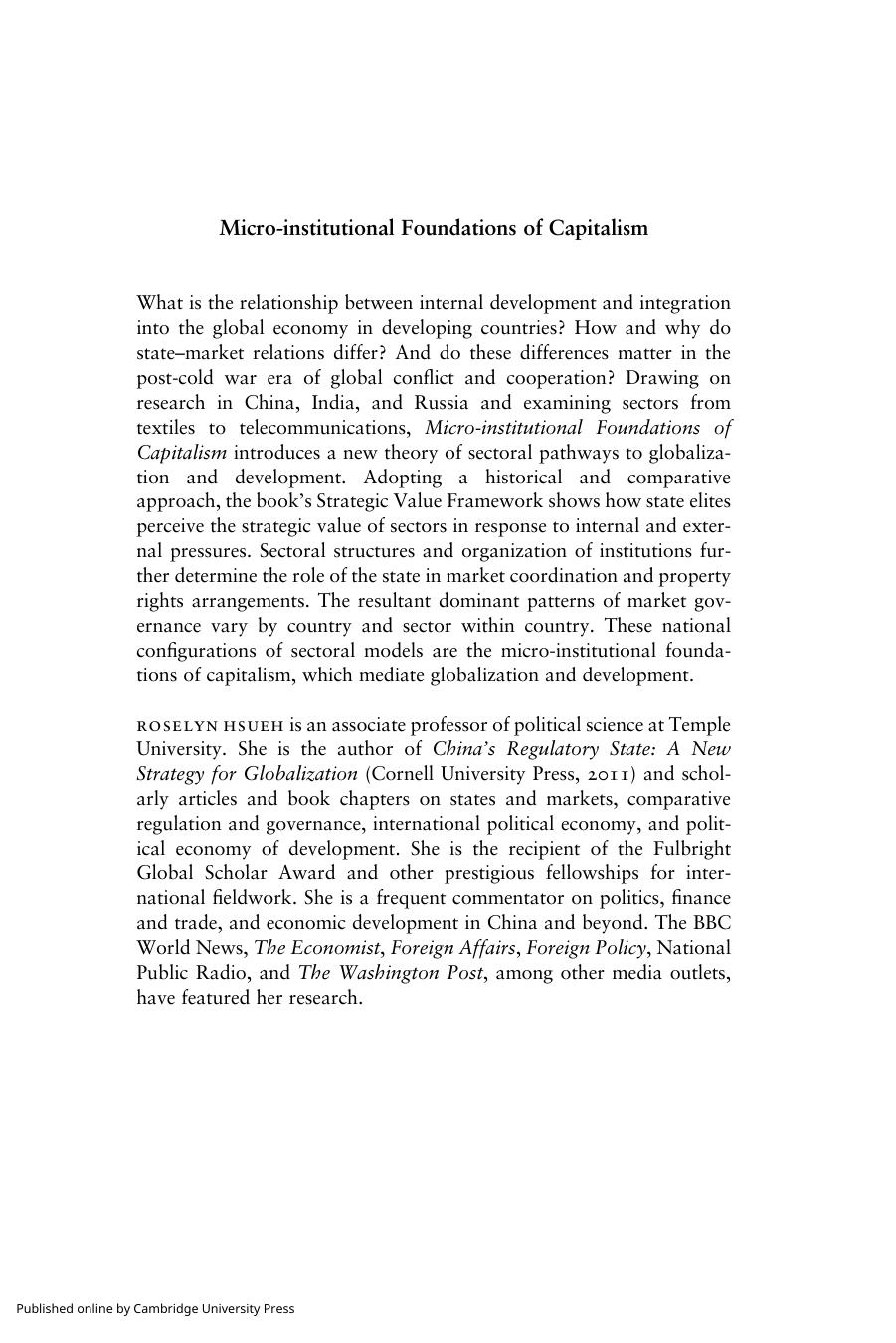 Micro-institutional Foundations of Capitalism: Sectoral Pathways to Globalization in China, India, and Russia by Roselyn Hsueh