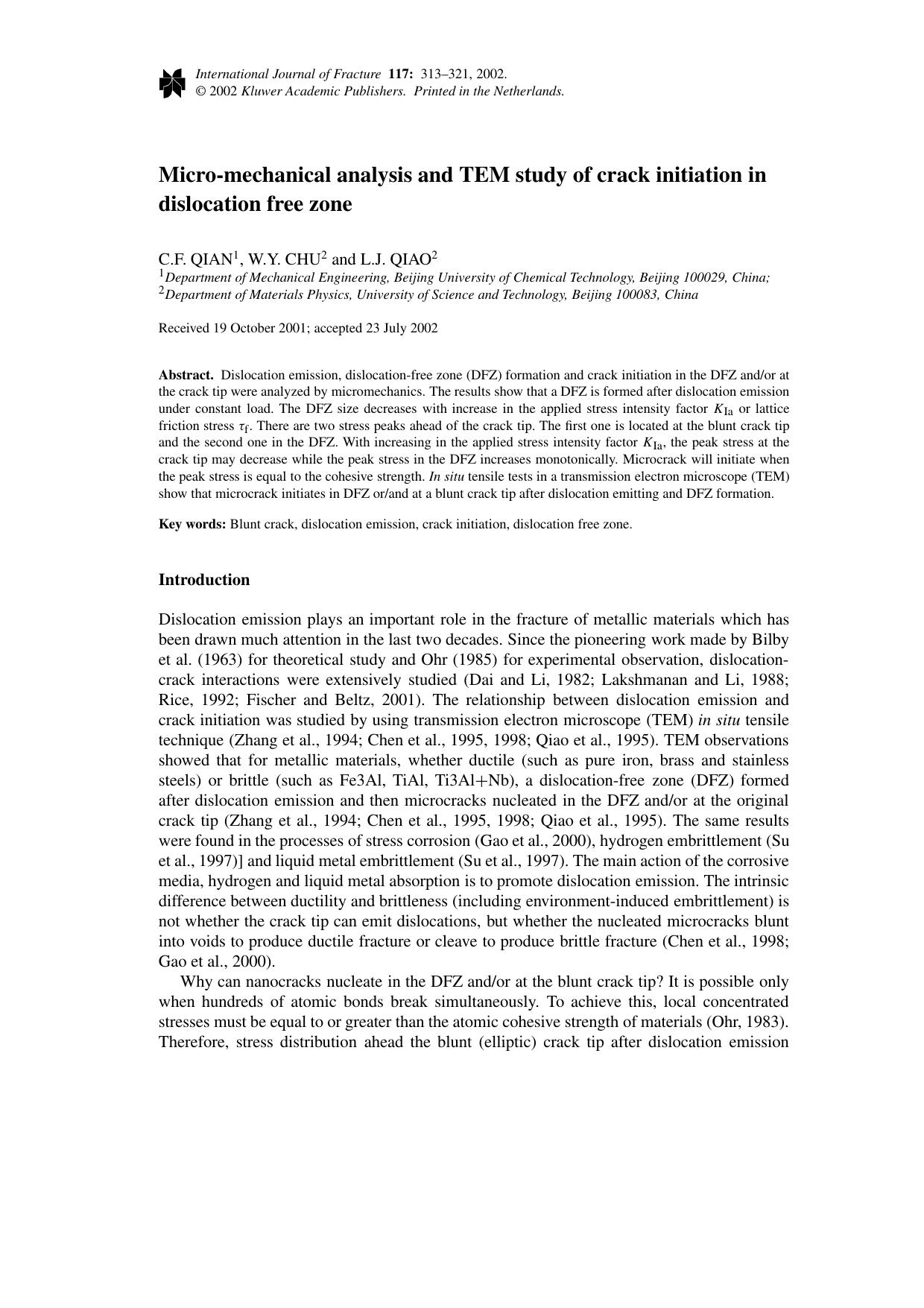 Micro-mechanical analysis and TEM study of crack initiation in dislocation free zone by Unknown