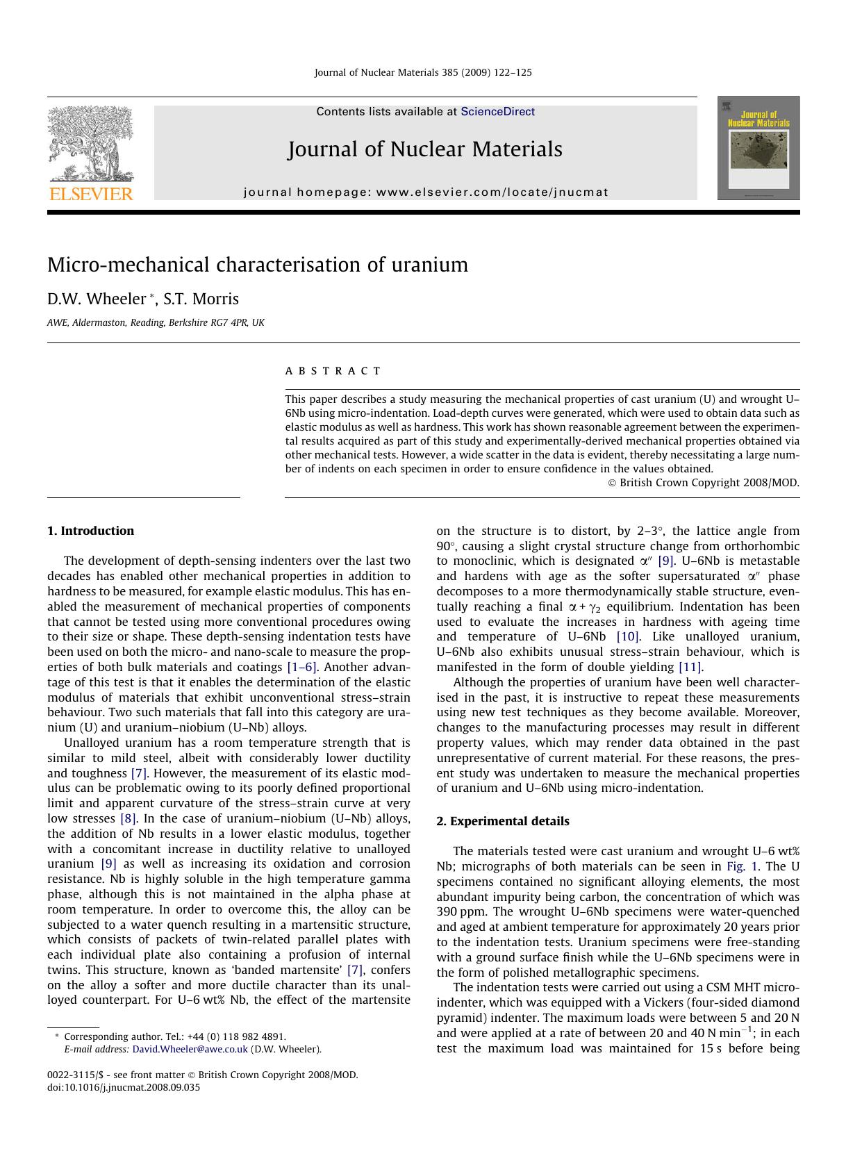 Micro-mechanical characterisation of uranium by D.W. Wheeler; S.T. Morris