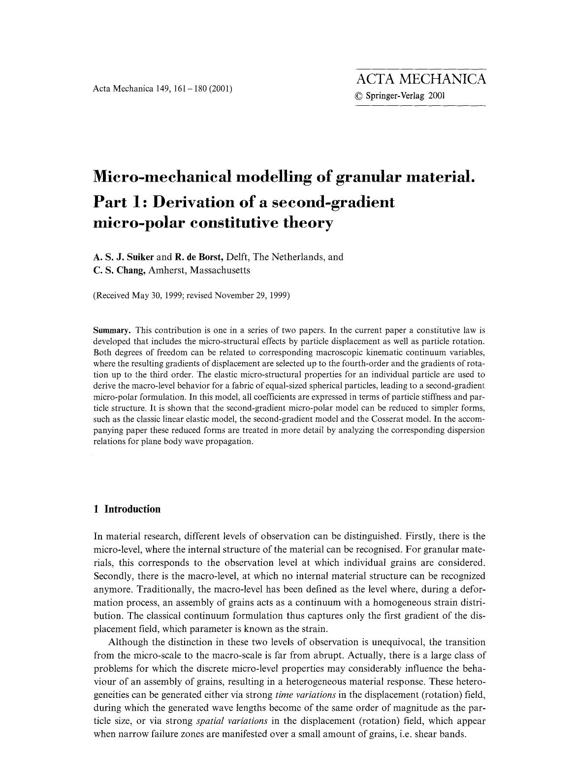 Micro-mechanical modelling of granular material. Part 1: Derivation of a second-gradient micro-polar constitutive theory by Unknown