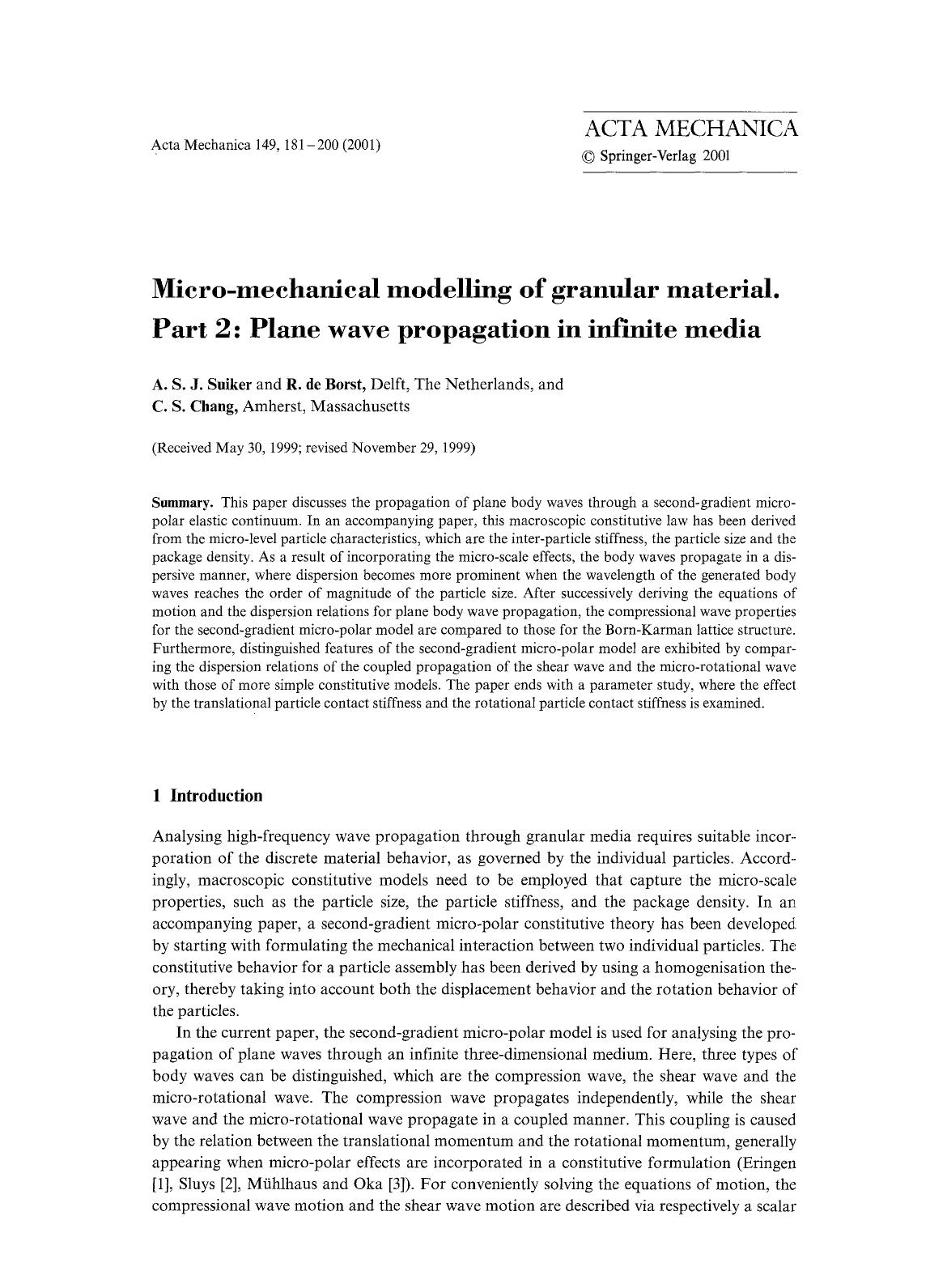 Micro-mechanical modelling of granular material. Part 2: Plane wave propagation in infinite media by Unknown
