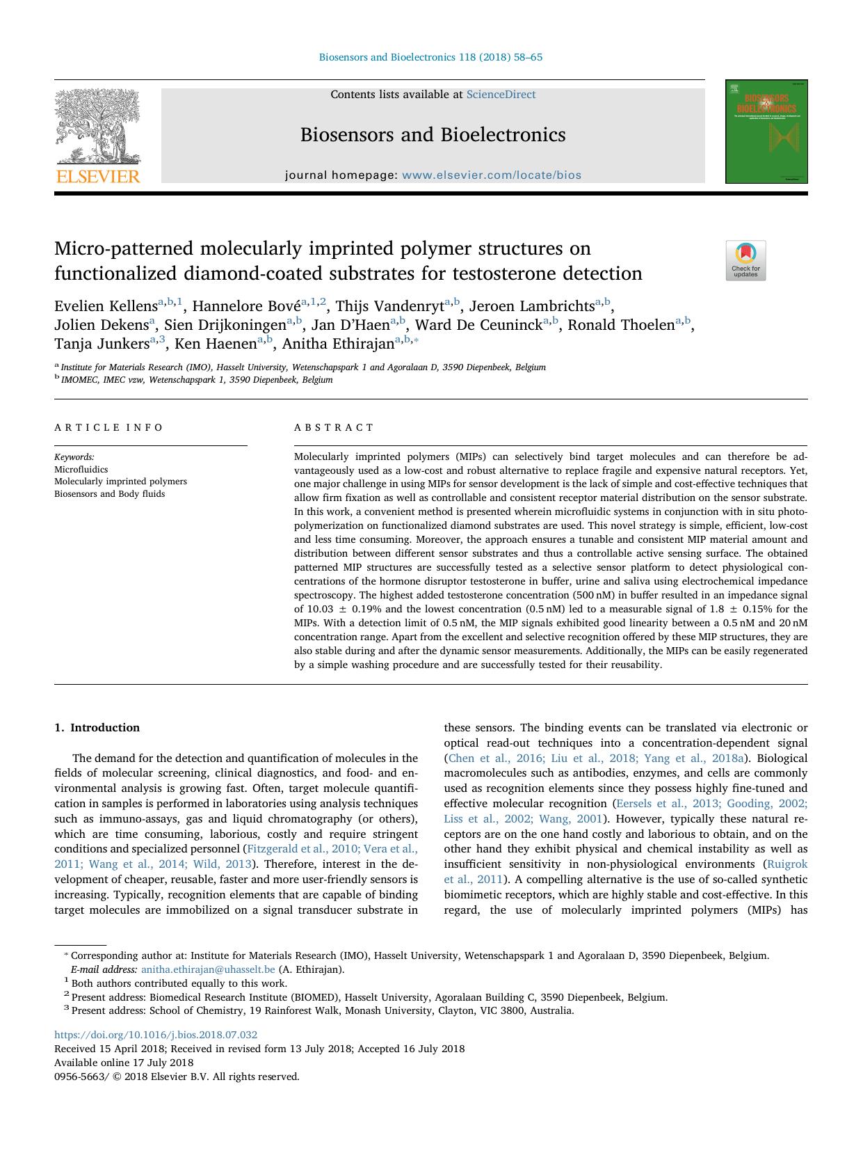 Micro-patterned molecularly imprinted polymer structures on functionalized diamond-coated substrates for testosterone detection by unknow