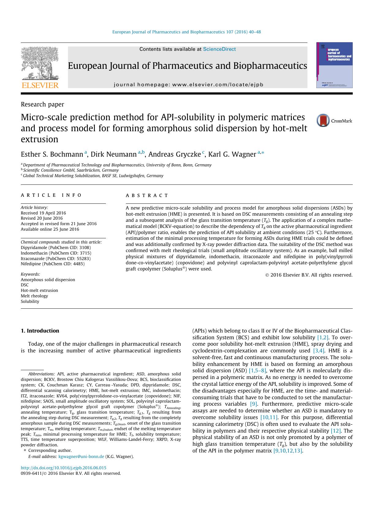 Micro-scale prediction method for API-solubility in polymeric matrices and process model for forming amorphous solid dispersion by hot-melt extrusion by Esther S. Bochmann & Dirk Neumann & Andreas Gryczke & Karl G. Wagner