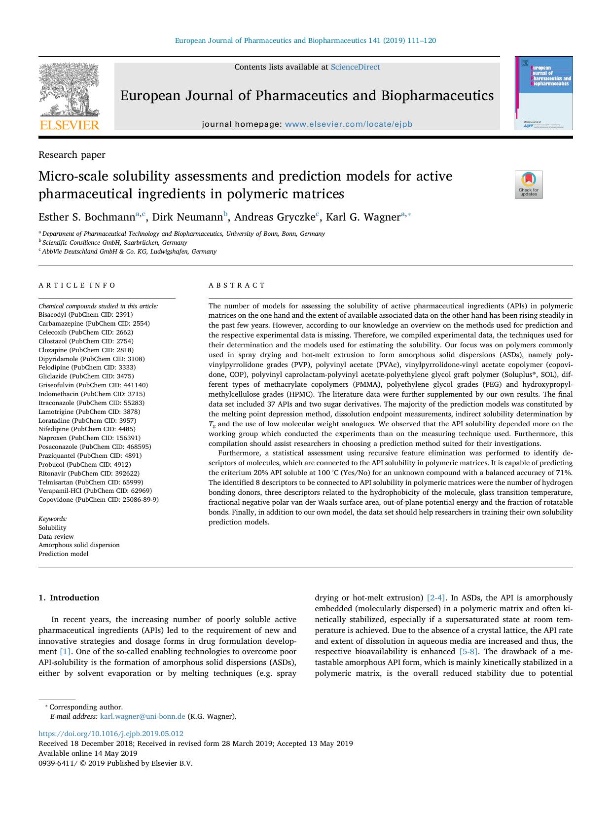 Micro-scale solubility assessments and prediction models for active pharmaceutical ingredients in polymeric matrices by Esther S. Bochmann & Dirk Neumann & Andreas Gryczke & Karl G. Wagner