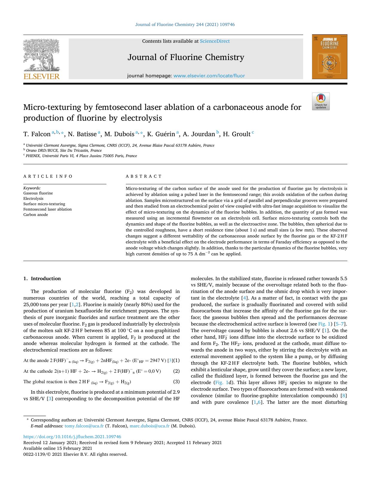 Micro-texturing by femtosecond laser ablation of a carbonaceous anode for production of fluorine by electrolysis by T. Falcon & N. Batisse & M. Dubois & K. Guérin & A. Jourdan & H. Groult