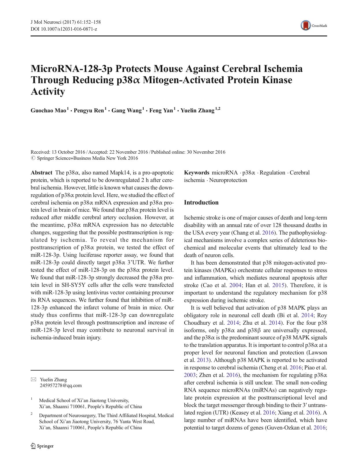 MicroRNA-128-3p Protects Mouse Against Cerebral Ischemia Through Reducing p38Î± Mitogen-Activated Protein Kinase Activity by Guochao Mao & Pengyu Ren & Gang Wang & Feng Yan & Yuelin Zhang