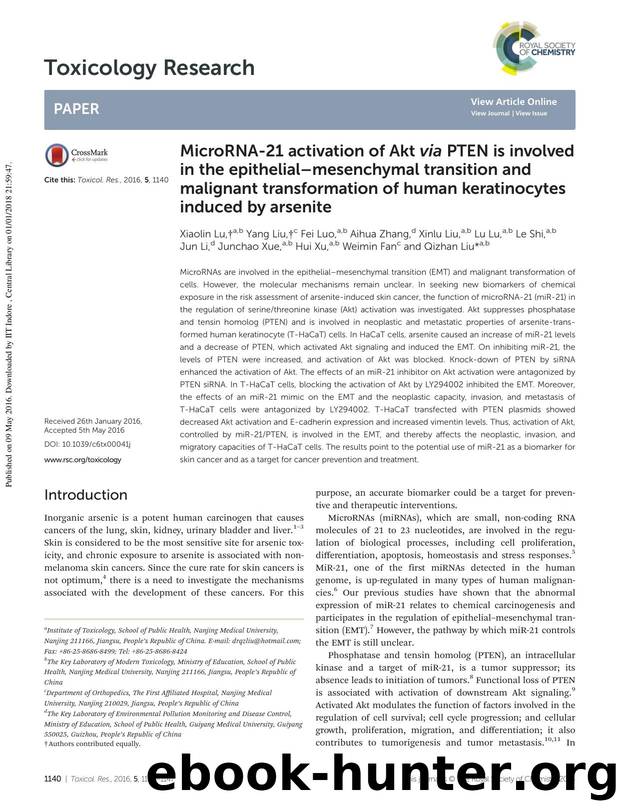 MicroRNA-21 activation of Akt via PTEN is involved in the epithelialâmesenchymal transition and malignant transformation of human keratinocytes induced by arsenite by unknow