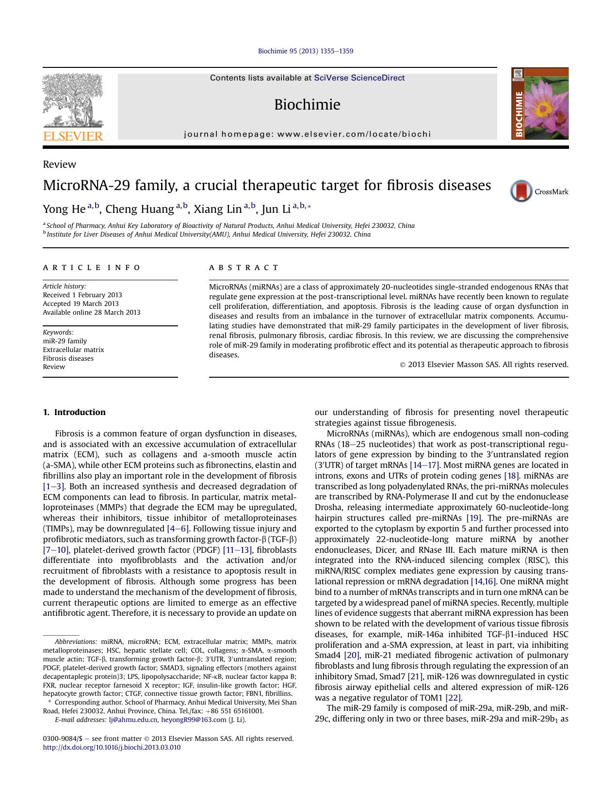 MicroRNA-29 family, a crucial therapeutic target for fibrosis diseases by Yong He & Cheng Huang & Xiang Lin & Jun Li