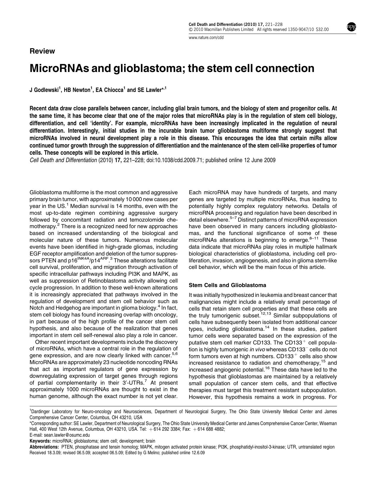 MicroRNAs and glioblastoma; the stem cell connection by J Godlewski & H B Newton & E A Chiocca & S E Lawler