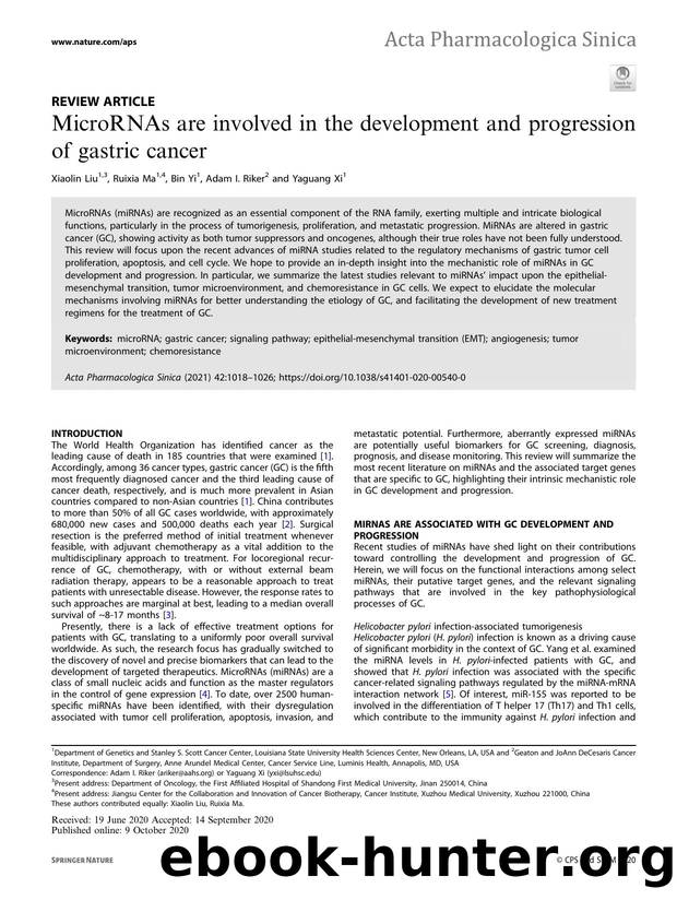 MicroRNAs are involved in the development and progression of gastric cancer by Xiaolin Liu & Ruixia Ma & Bin Yi & Adam I. Riker & Yaguang Xi