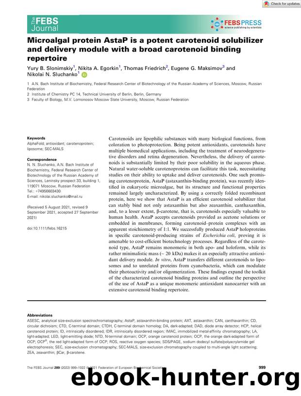 Microalgal protein AstaP is a potent carotenoid solubilizer and delivery module with a broad carotenoid binding repertoire by Unknown