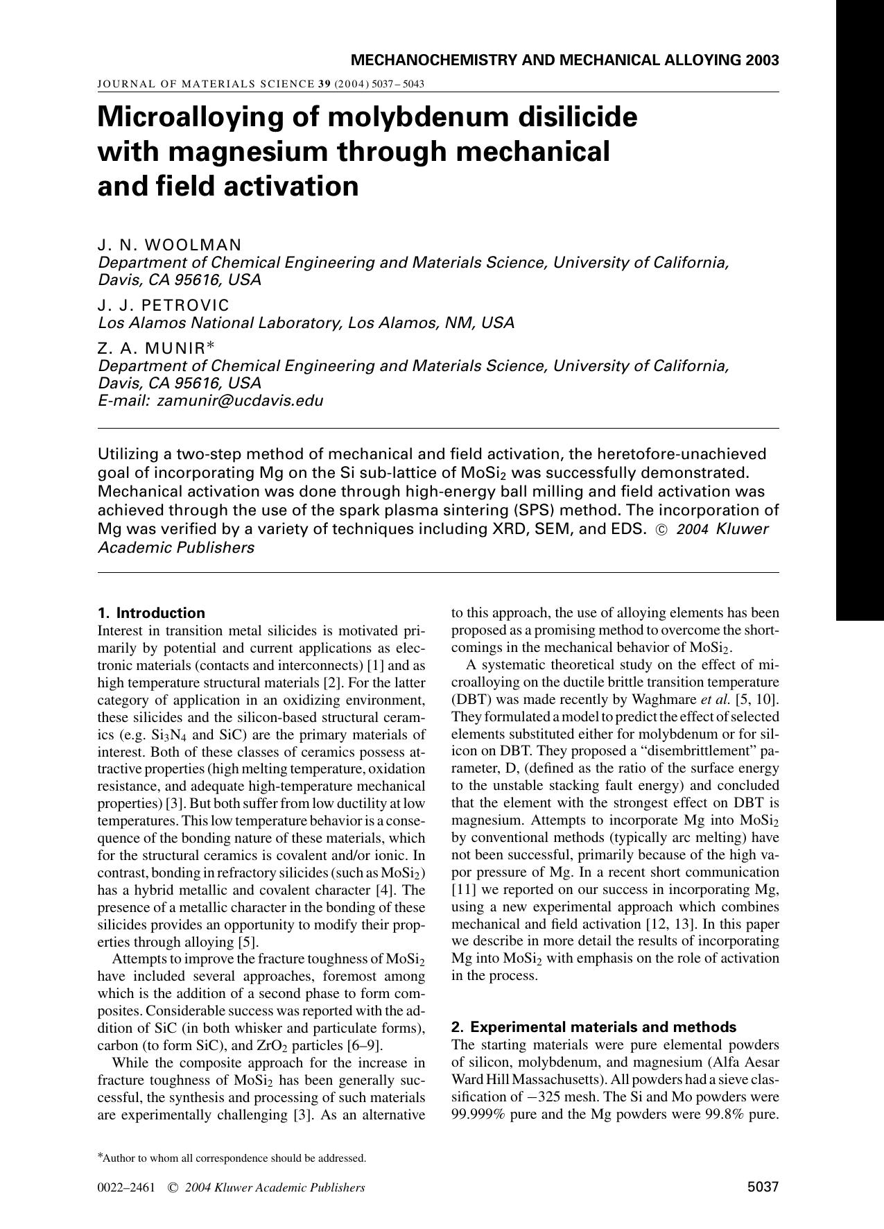 Microalloying of molybdenum disilicide with magnesium through mechanical and field activation by Unknown