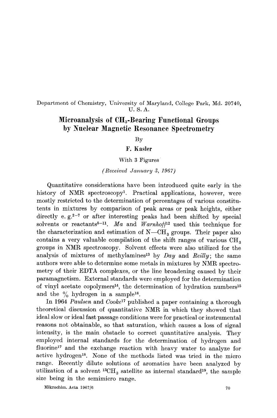 Microanalysis of CH <Subscript>3 <Subscript>-bearing functional groups by nuclear magnetic resonance spectrometry by Unknown