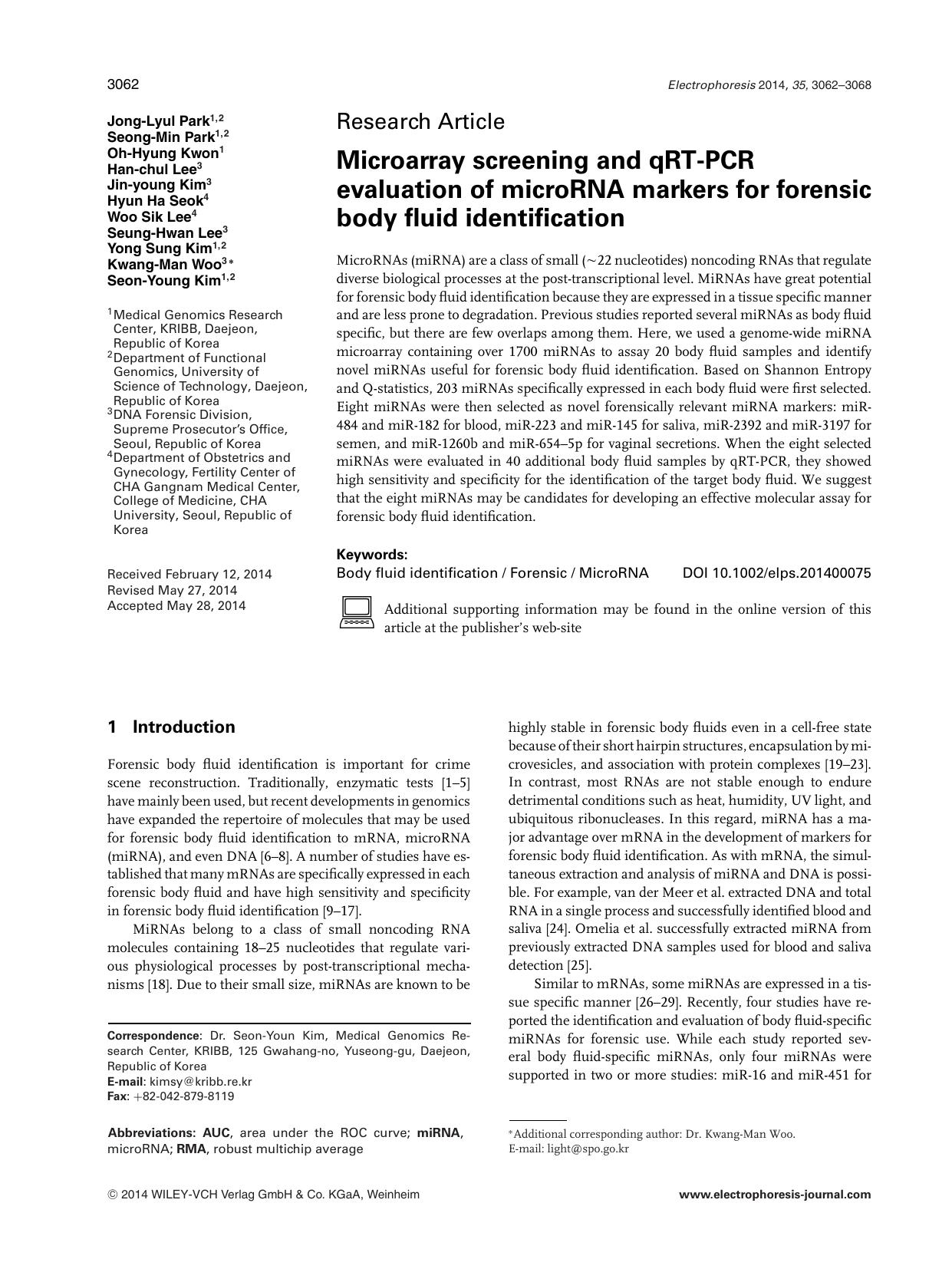 Microarray screening and qRT‐PCR evaluation of microRNA markers for forensic body fluid identification by Unknown