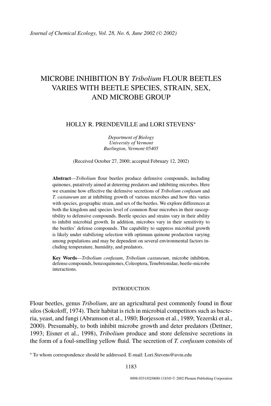 Microbe Inhibition by <Emphasis Type="Italic">Tribolium<Emphasis> Flour Beetles Varies with Beetle Species, Strain, Sex, and Microbe Group by Unknown