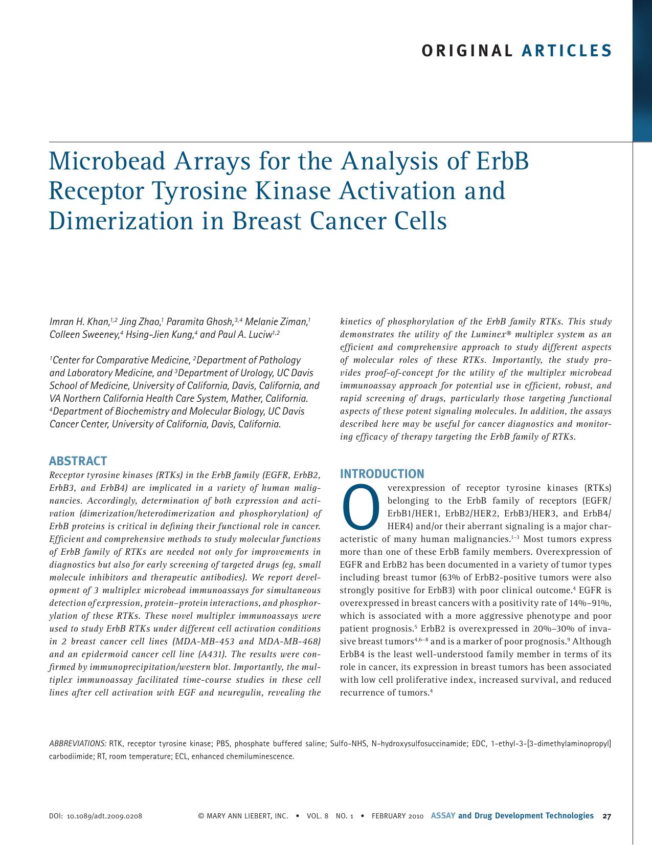 Microbead Arrays for the Analysis of ErbB Receptor Tyrosine Kinase Activation and Dimerization in Breast Cancer Cells by Imran H. Khan Jing Zhao Paramita Ghosh Melanie Ziman Colleen Sweeney Hsing-Jien Kung Paul A. Luciw