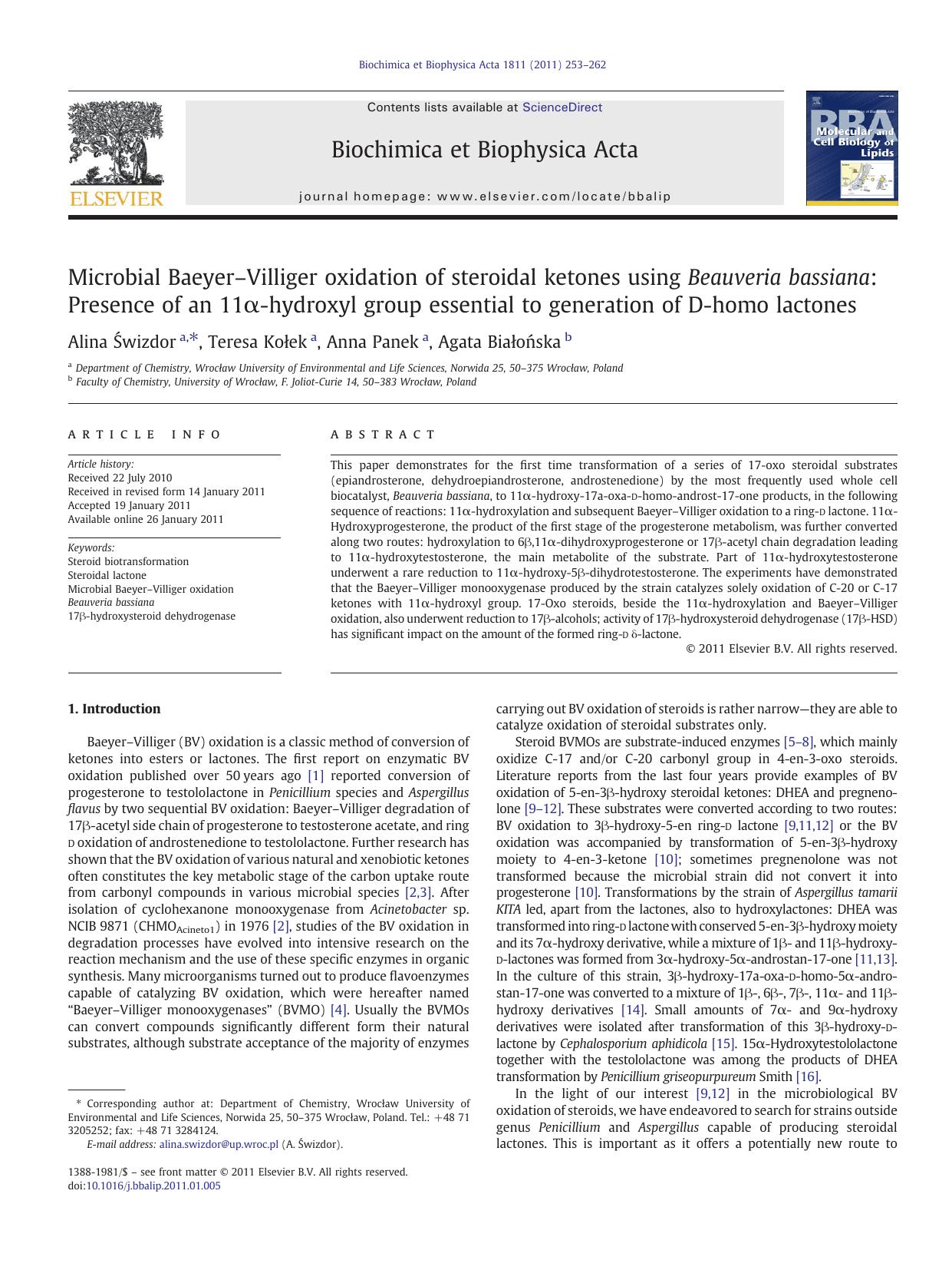 Microbial BaeyerâVilliger oxidation of steroidal ketones using Beauveria bassiana: Presence of an 11Î±-hydroxyl group essential to generation of D-homo lactones by Alina Świzdor