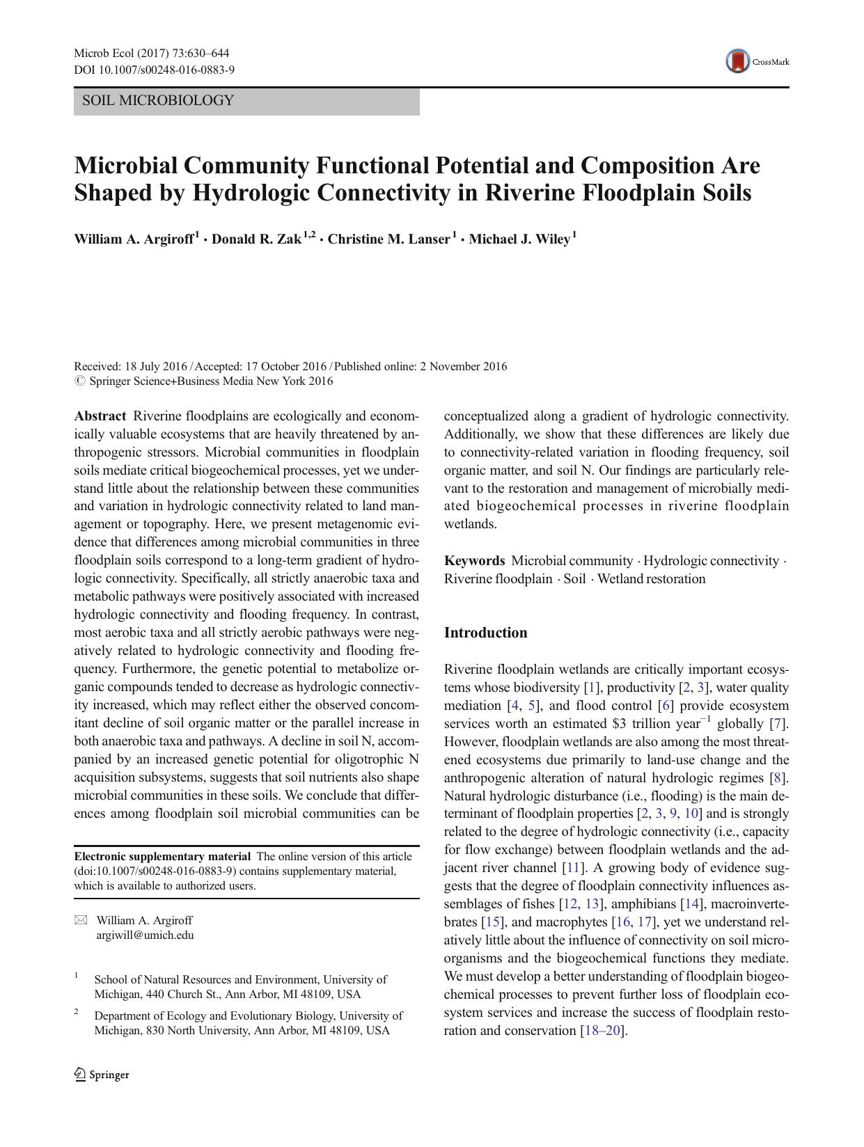 Microbial Community Functional Potential and Composition Are Shaped by Hydrologic Connectivity in Riverine Floodplain Soils by William A. Argiroff & Donald R. Zak & Christine M. Lanser & Michael J. Wiley