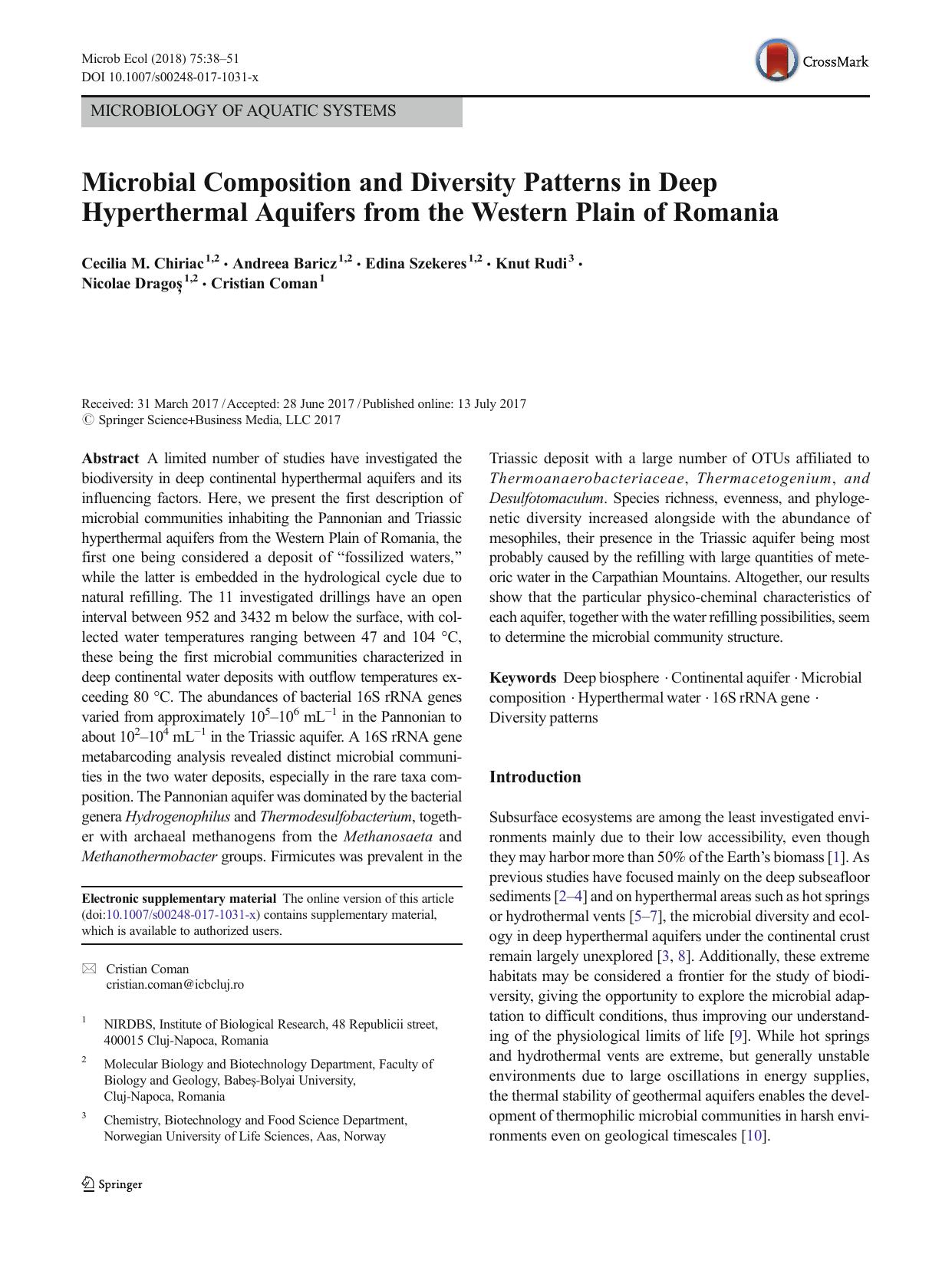 Microbial Composition and Diversity Patterns in Deep Hyperthermal Aquifers from the Western Plain of Romania by Cecilia M. Chiriac & Andreea Baricz & Edina Szekeres & Knut Rudi & Nicolae Dragoș & Cristian Coman