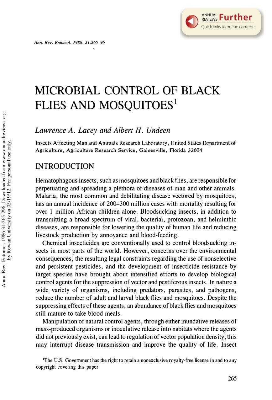 Microbial Control of Black Flies and Mosquitoes by L A Lacey & and A H Undeen