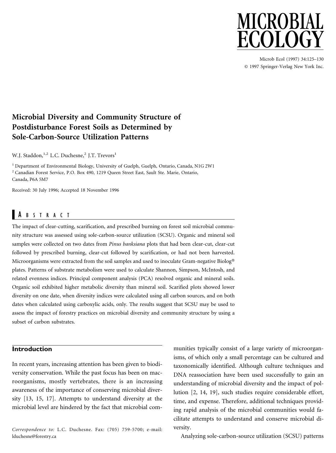 Microbial Diversity and Community Structure of Postdisturbance Forest Soil as Determined by Sole-Carbon Source Utilization Patterns by Staddon W. et al