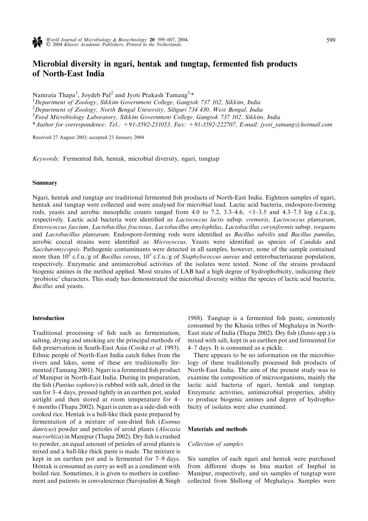 Microbial Diversity in Ngari, Hentak and Tungtap, Fermented Fish Products of North-East India by Unknown