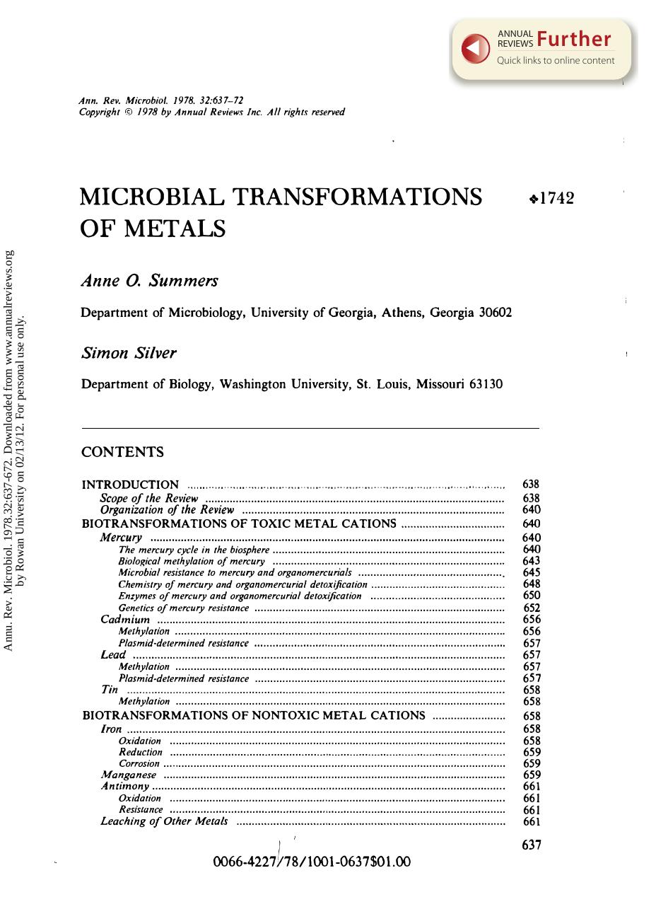 Microbial Transformations of Metals by A O Summers & S Silver