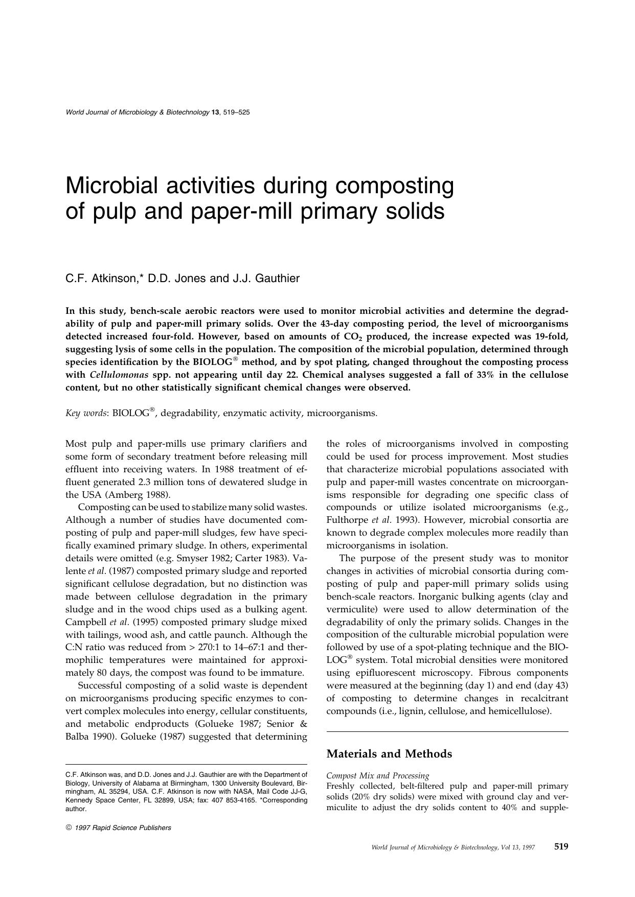 Microbial activities during composting of pulp and paper-mill primary solids by Unknown