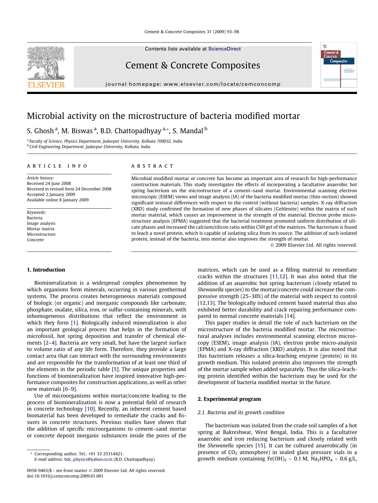 Microbial activity on the microstructure of bacteria modified mortar by S. Ghosh; M. Biswas; B.D. Chattopadhyay; S. Mandal