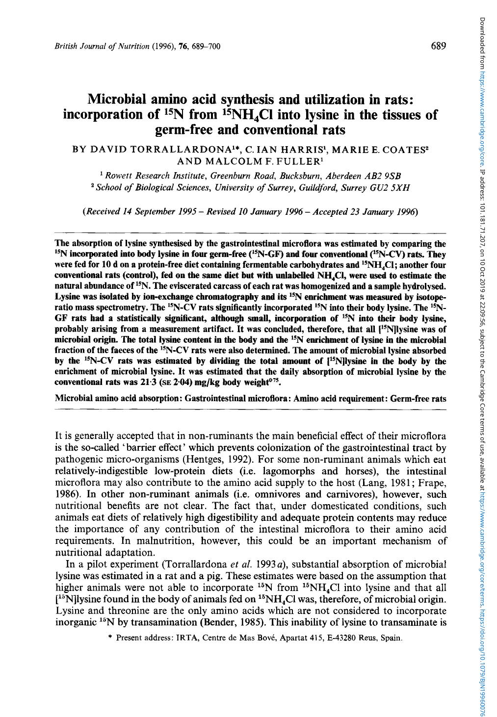 Microbial amino acid synthesis and utilization in rats: incorporation of N from NH4Cl into lysine in the tissues of germ-free and conventional rats by David Torrallardona C. Ian Harris Marie E. Coates & Malcolm F. Fuller