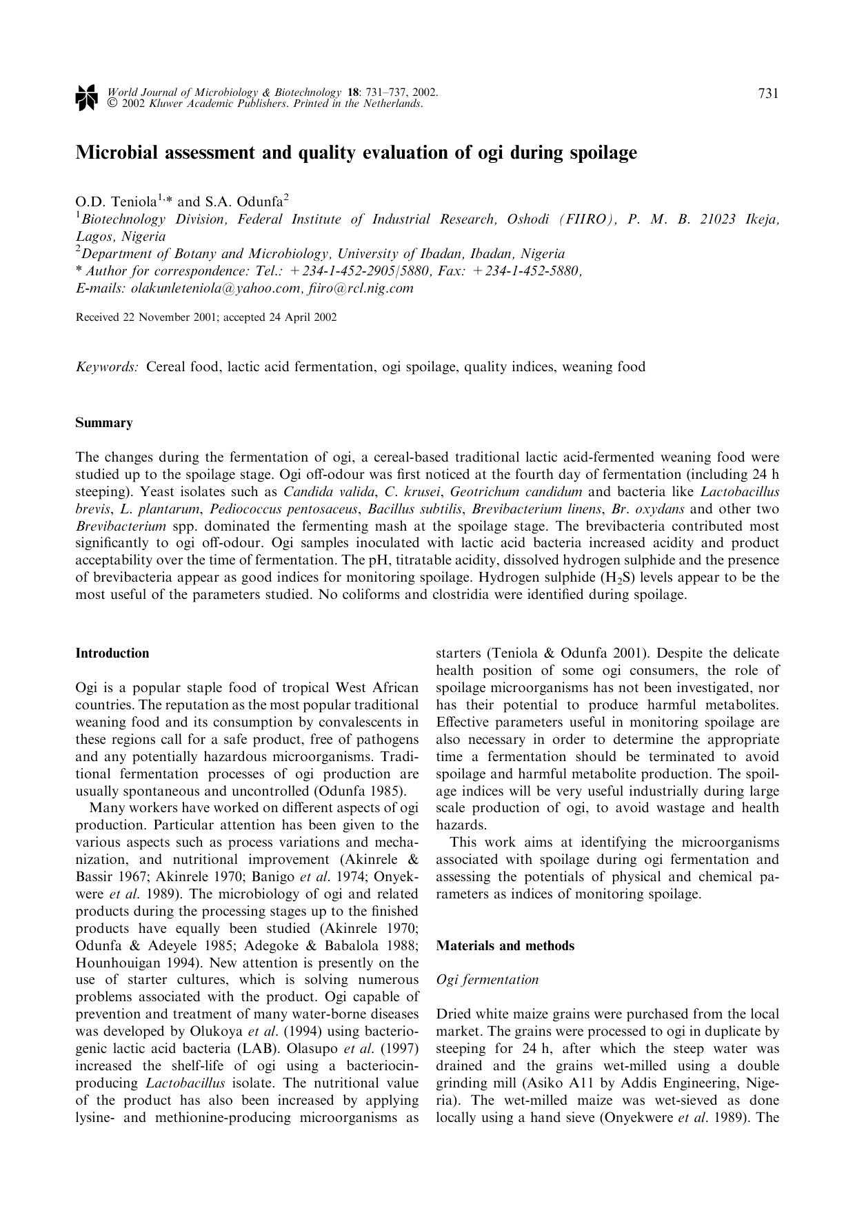 Microbial assessment and quality evaluation of ogi during spoilage by Unknown